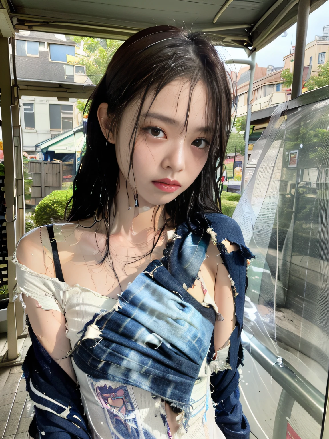 Best picture quality, masterpiece, ultra high resolution, (fidelity :1.4), photo, 1 girl,[(sadness)],white shirt, Dim, dark, desperate, pitying, pitiful, cinematic,tear,teardrop,(Torn clothes:1.5), (Wet clothes:1.4), bare shoulders,Real rain,wet hair,..
