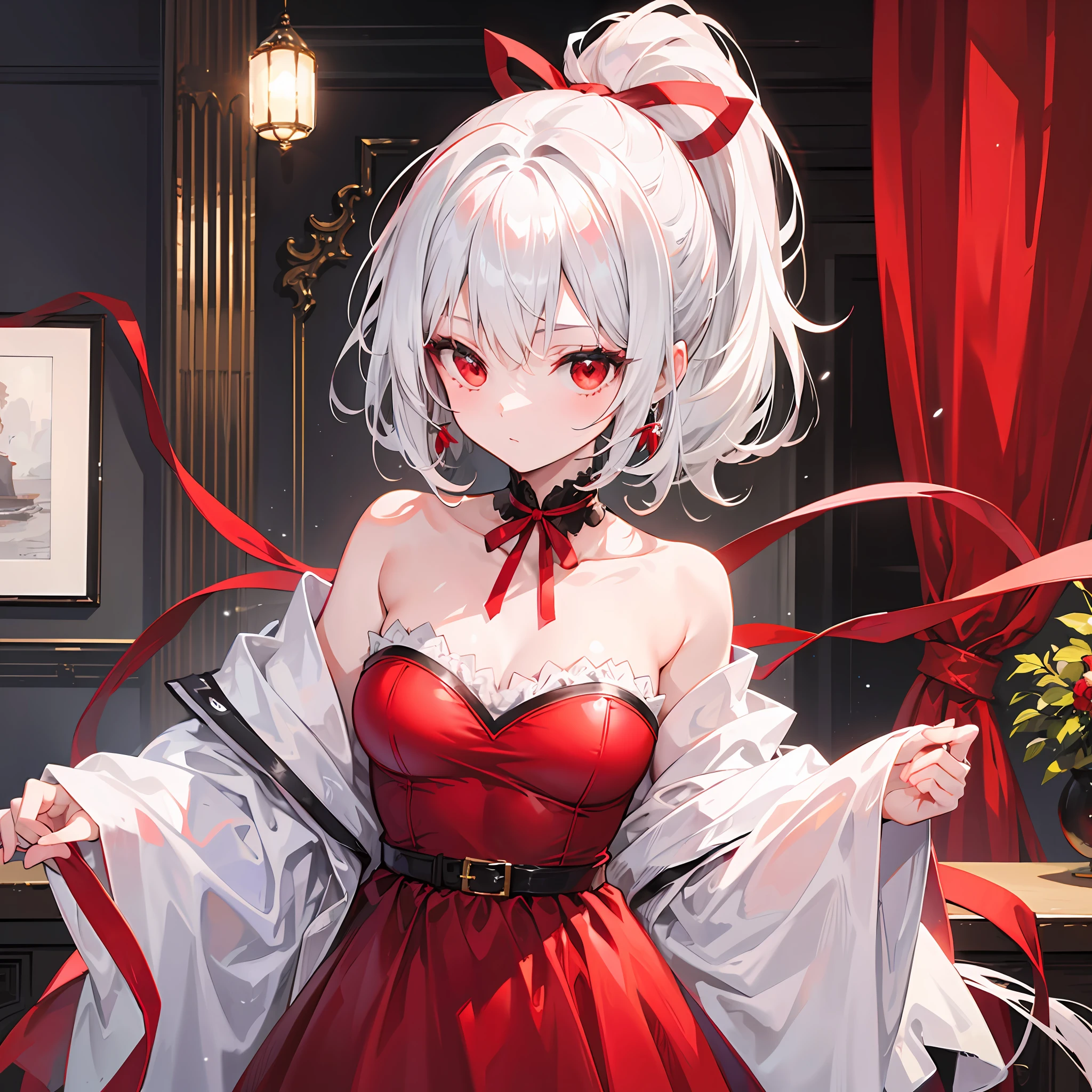 Girl with white hair, ponytail, red ribbon, red eyes, red dress, off-shoulder, indoor
