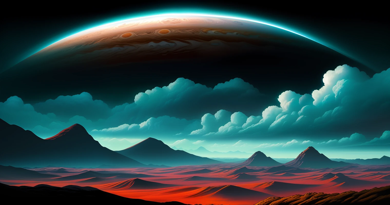 illustration of jupiter clouds by dan mumford, alien landscape and vegetation, epic scene, a lot of swirling clouds, high exposure, highly detailed, realistic, vibrant blue tinted colors, uhd