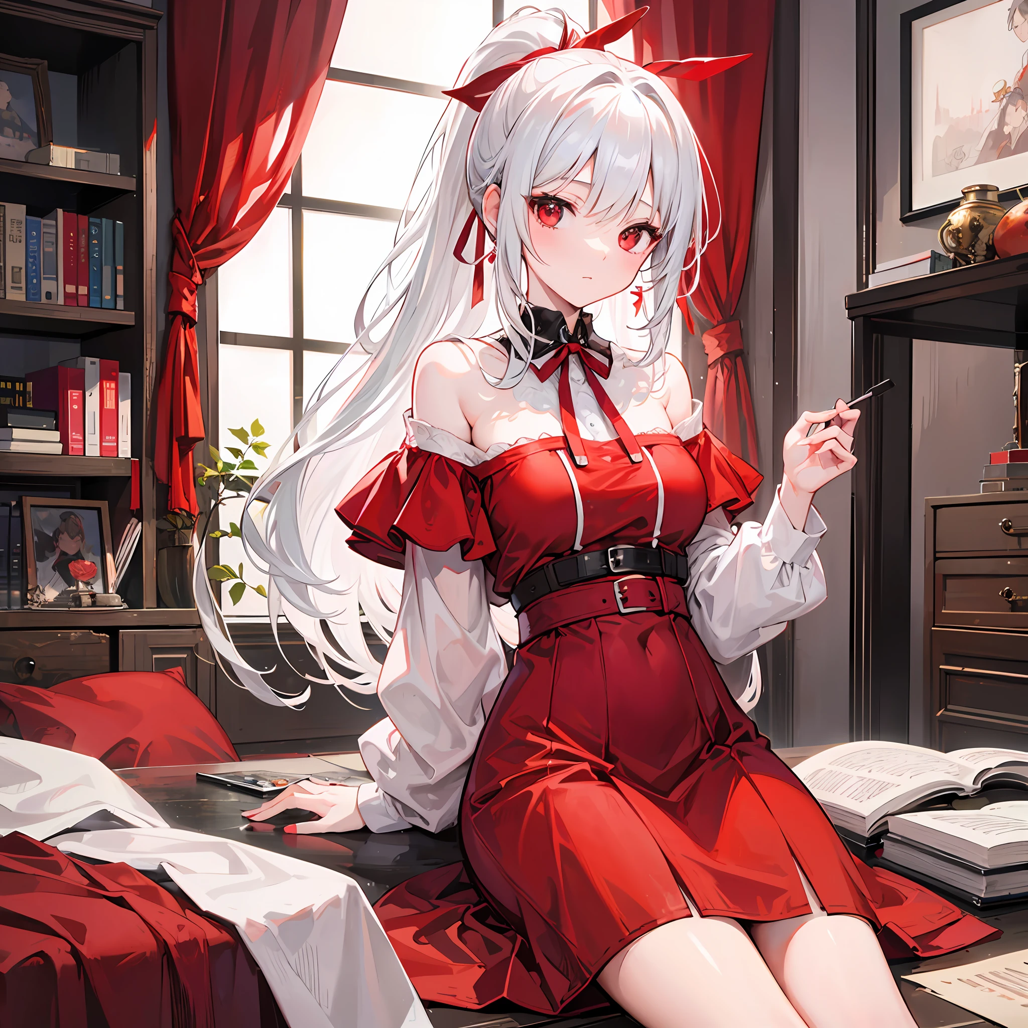 Girl with white hair, ponytail, red ribbon, red eyes, red dress, off-shoulder, indoor