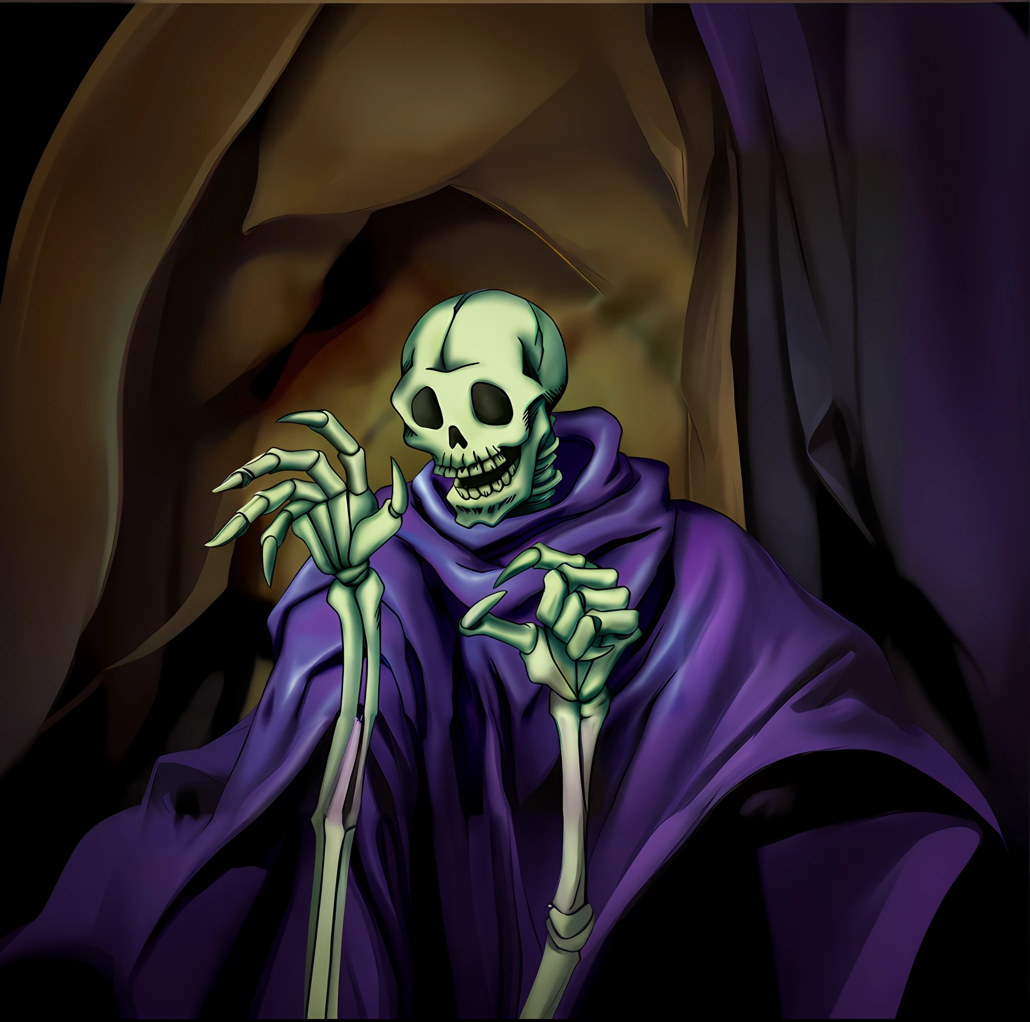 arafed skeleton in a purple robe with a purple cape, lich, undead lich, portrait of skeletor, skelleton, skeletor, portrait painting of skeletor, skeleton king, evil death, d & d lich, the reaper as a scary, undead skeleton king, ( ( ( skeleton ) ) ), skeleton corpse, background artwork, grim reaper