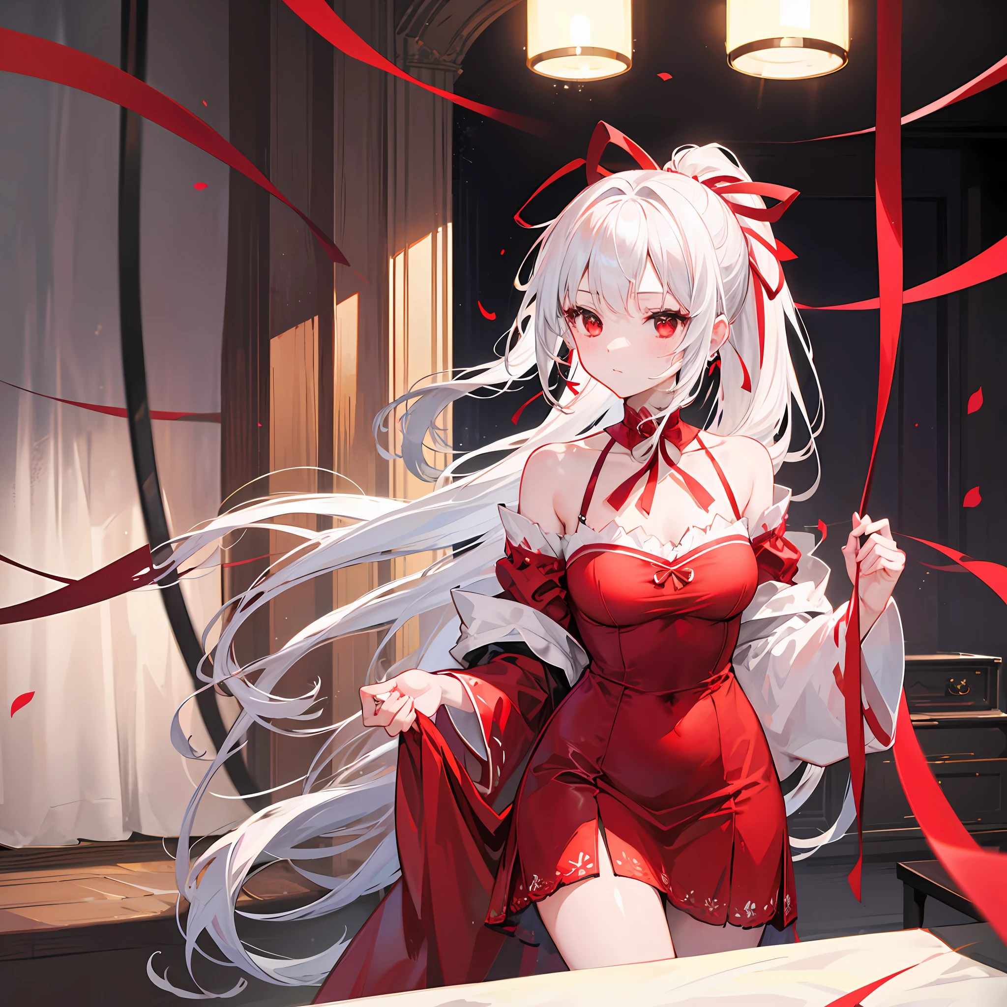 Girl with white hair, ponytail, red ribbon, red eyes, red dress, off-shoulder, indoor