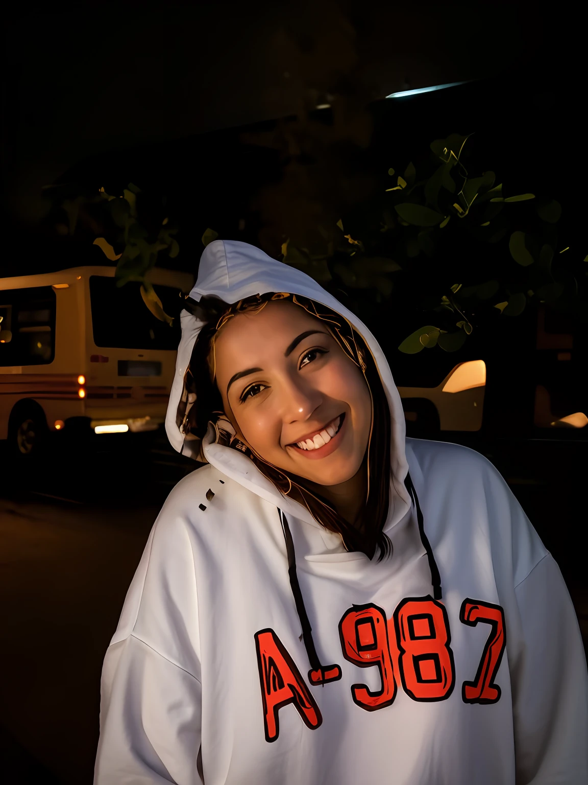 Smiling woman with hoodie standing in front of a bus at night, Pilar, on a hood, night!, profile picture, profile picture, Estefanía Villegas Burgos, Lorena Avarez, with a hoodie, at night, night, Black-haired girl with hoodie, Girl with hoodie, photo taken at night, with a hoodie, 4k,