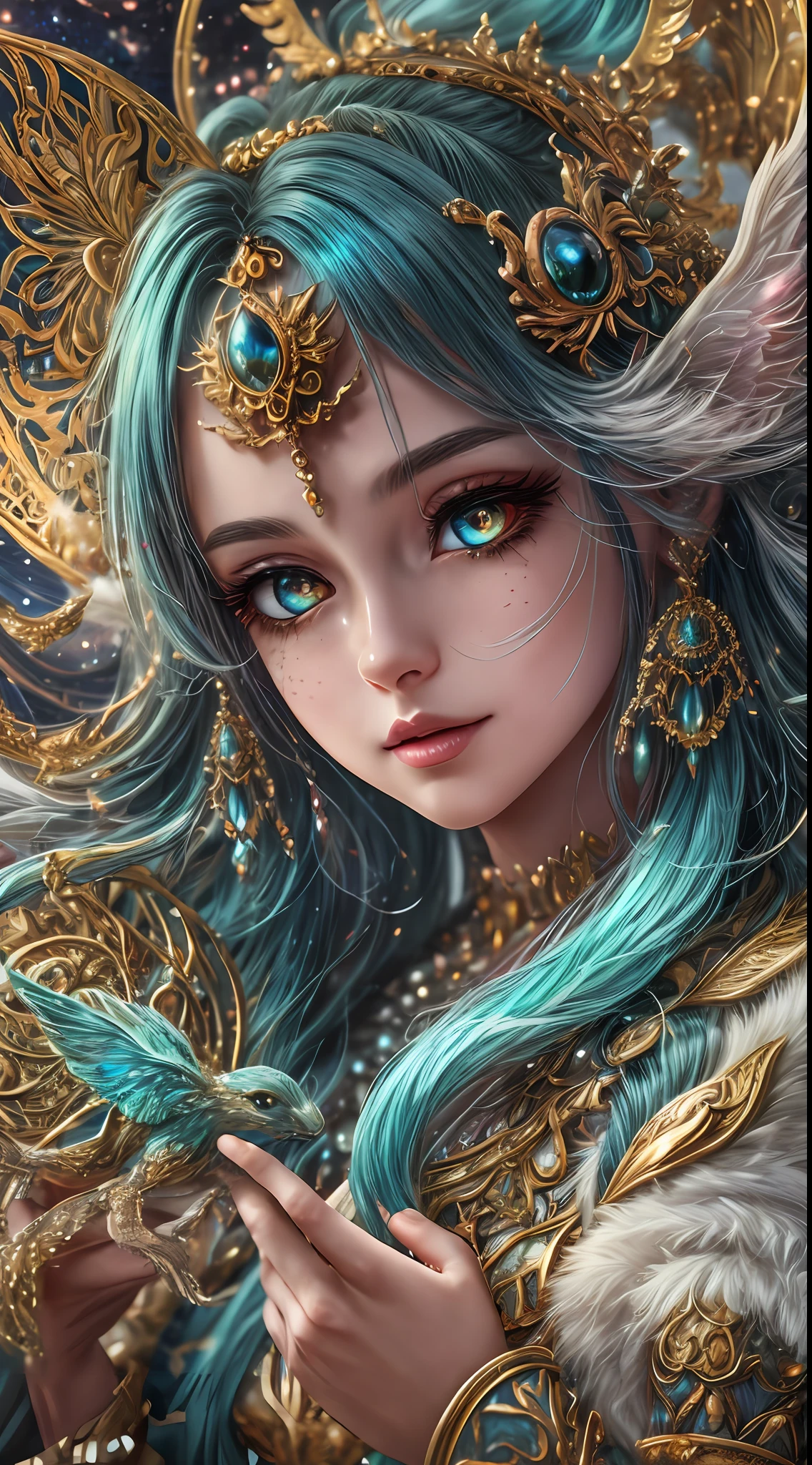This image should be in a fantasy style.  Generate a beautiful celestial woman with an interesting face and engaging expression who is playing with fantasy creatures. The woman is playing with intricate and stunning fantasy animals. (Include highly detailed fantasy animals.) Include beautiful fur and feathers and ensure the animal has plenty of iridescence. Include 8k eyes, highly detailed eyes, extremely detailed eyes, macro eyes, bright clear eyes, and sharp eyes. The image should be a masterpiece and contain fantasy vibes and phantasmal iridescence. Include many bright colors. Camera: Utilize dynamic composition and studio lighting to enhance details and emphasize fantasy vibes. The image should be ornate and contain many small and intricate details. In the style of Artstation trending and midjourney.