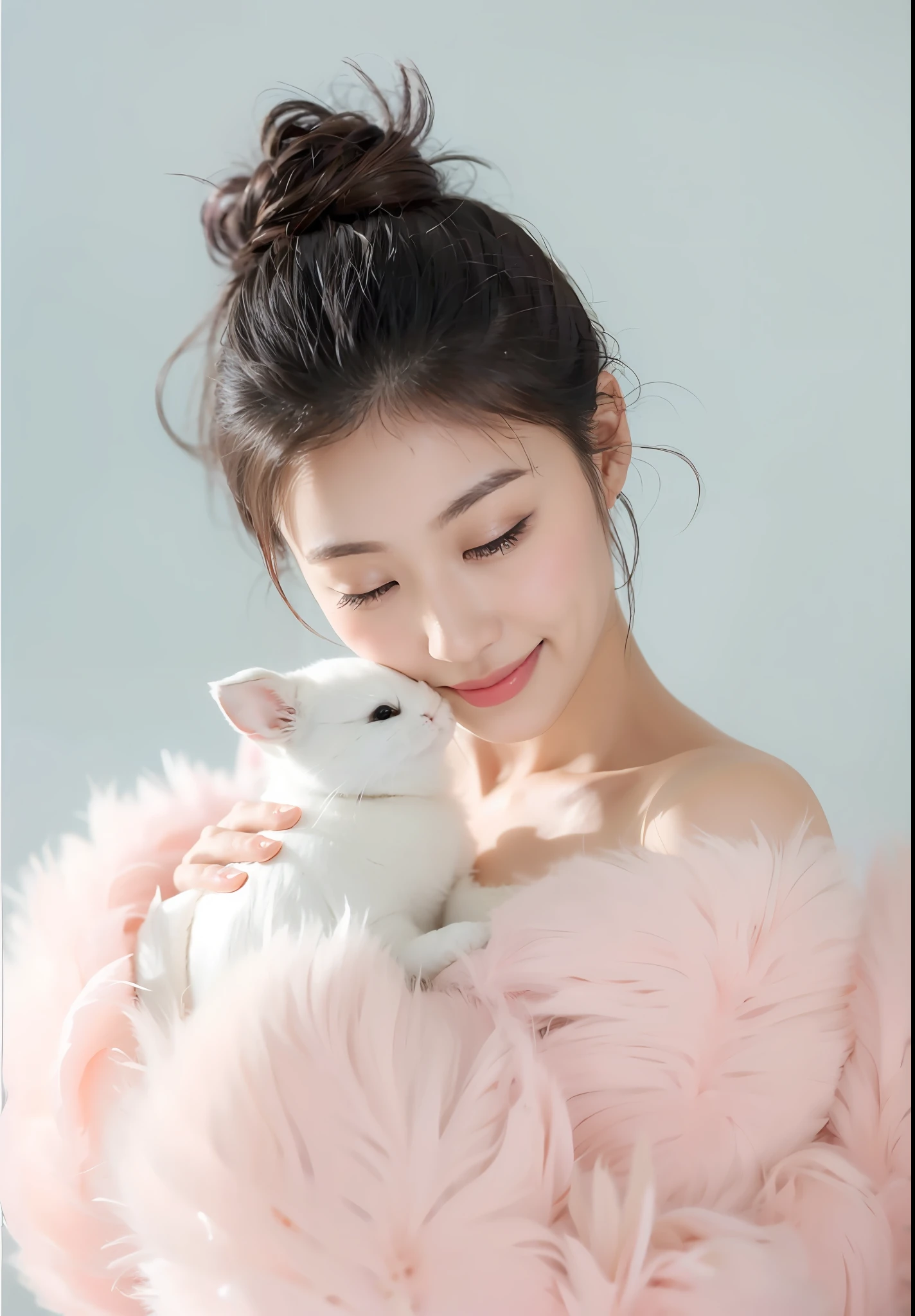 Flowers all over the wall, (best light: 1.2, cute Korean girl: 1.2, [white dress: 1.3], wearing pink long-haired mink bandeau dress, holding a white rabbit in her hand, multicolored flower wall, poster level, flowers on the wall are not crowded, elegant and colorful: 1.1, bright and moving: 1.1, [ultra-detailed: 1.2 + dynamic pose + delicate: 1.2],), big breasts, pursed lips and smiles, The sides are five-colored flowers, the wall is pink hydrangeas, roses, colorful chrysanthemums, and the background wall is a wall of flowers dominated by pink