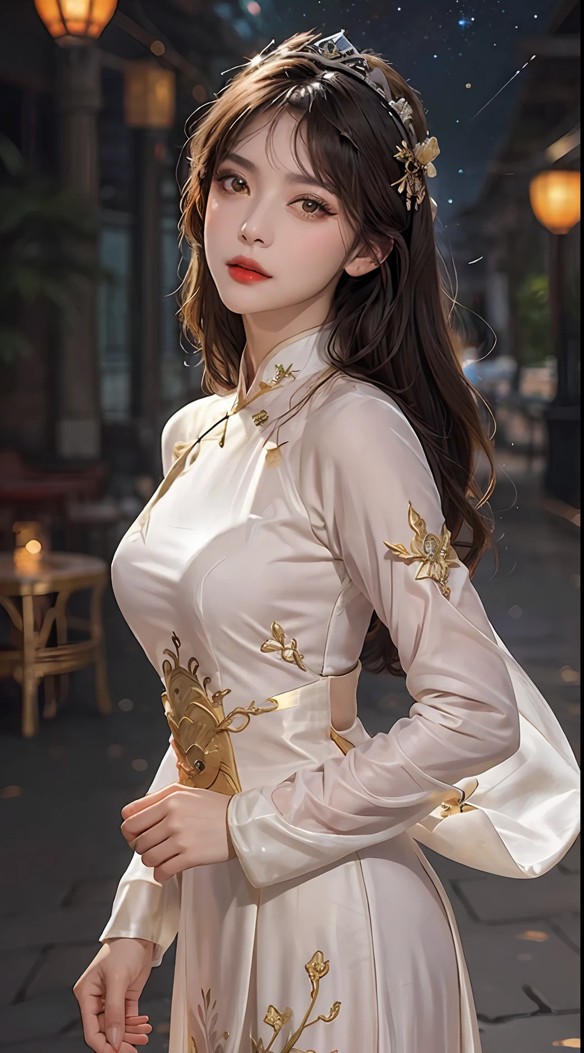 1 27-year-old girl, 1 zodiac goddess from the future, goddess of the pink and purple 12 zodiacs, the goddess of the zodiac in a yellow ao dai, a 12 zodiac ao dai with many black lace detail, mythology Goddess of the 12 zodiacs from the future, zodiac ♏, luxurious glittering zodiac style, dark and mysterious version, zodiac crown, lipstick lips red, thin and beautiful lips, mouth closed, characters made by karol bak and pino daeni, intricate detail, detailed background, extremely detailed, light magic, a woman, clear face, hair long with bangs, beautiful face in detail and well-proportioned eyes, (transparent yellow eyes: 1.8), big round eyes and very beautiful and detailed makeup, foresight, silk dress, mysterious makeup , double bangs and dyed light blonde , upper half portrait, zodiac goddess portrait, arms hanging loosely, Realistic and vivid photo, (stars make up the zodiac: 1.7), (sky background zodiac and fictitious space and time portal: 1.8), fiction art, RAW photo, hanfu picture, best photo, best photo quality, 8k quality, 8k ultra, super realistic, real photo most economical, the goddess poses sexy and seductive,