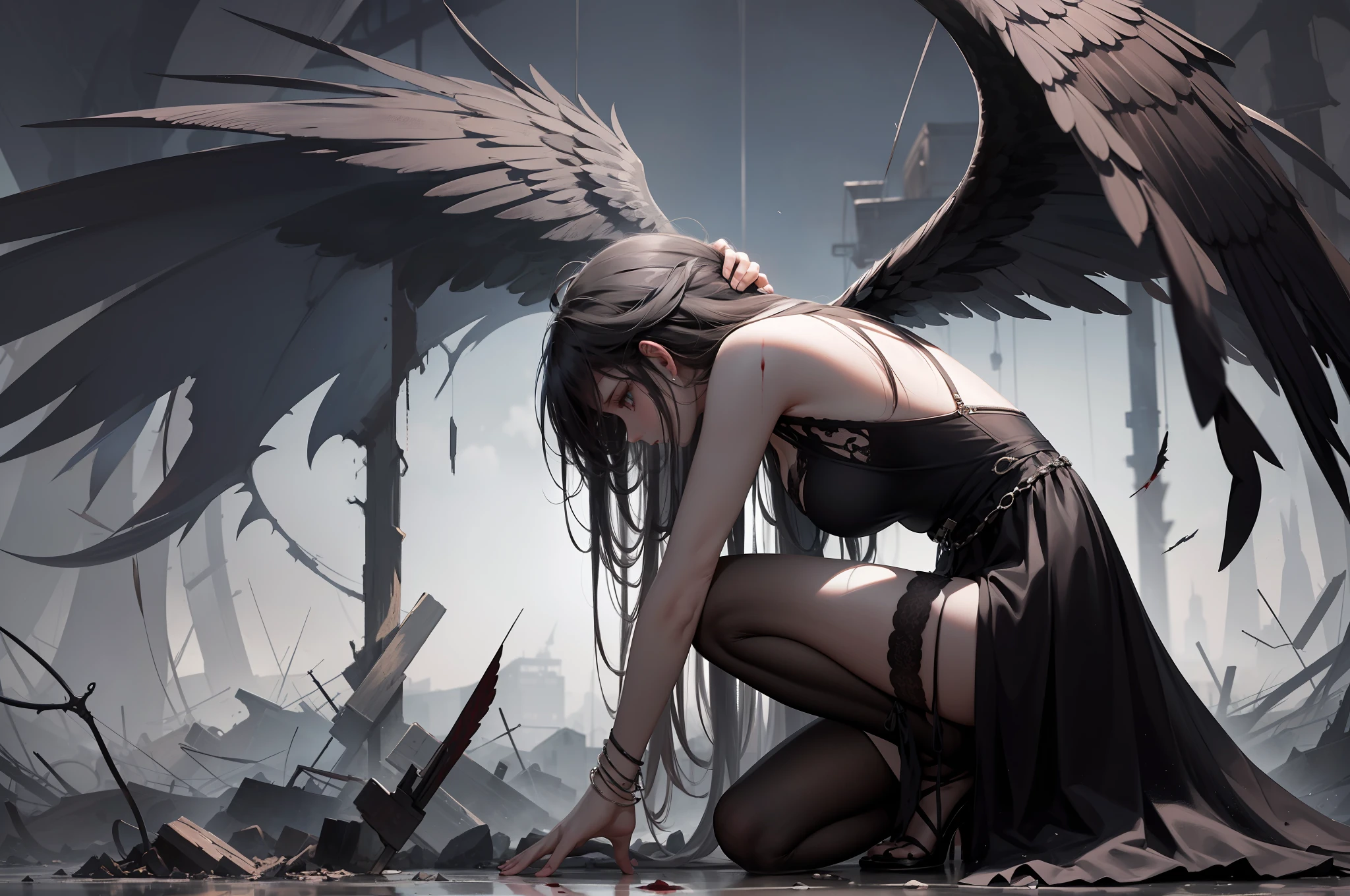 A full-body portrait of a girl wearing a white cloak, surrounded by an atmosphere of solitude, darkness, and oppression. The girl's expression is somber as she stands amidst the gloom, her face partially obscured in shadow. Her white cloak is stained with blood and dirt, reflecting the struggles she has faced. Her hair is disheveled and messy, adding to the overall disarray and turmoil. The composition showcases her profile, revealing a glimpse of her determination and resilience. Behind her, a pair of tattered wings symbolize her desire to break free from her constraints, despite the broken sword she holds, a testament to past battles fought. The overall scene captures a sense of melancholy, depicting the girl's internal struggles and the weight she carries. Executed in a bold and expressive style, with dynamic brushstrokes and a subdued color palette that emphasizes the darkness and heaviness of the atmosphere.