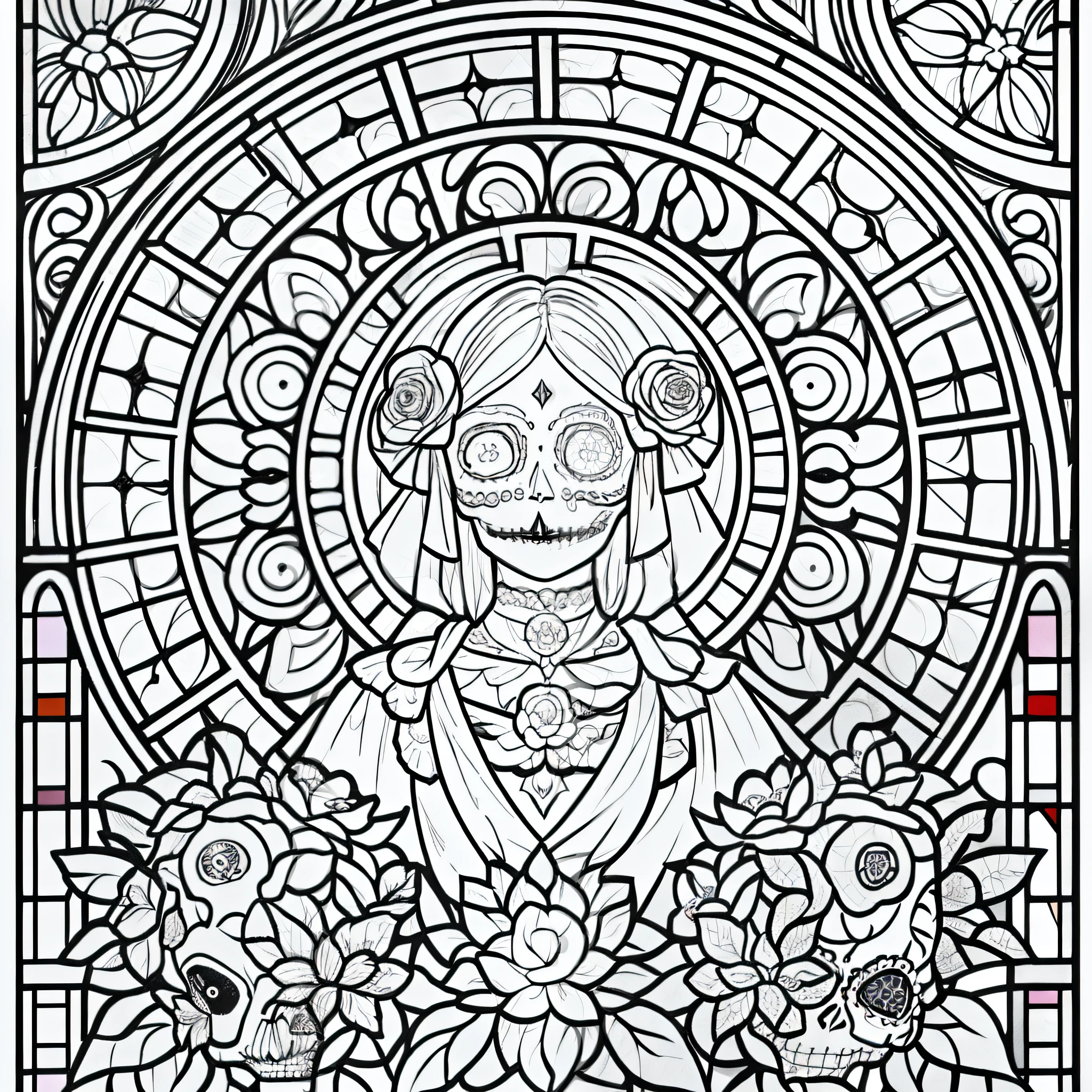 Masterpiece, best quality, (detailed background), high contrast, decorated sugar skull, flower background, medium and clean line drawings, stained glass type, art nouveau, vector