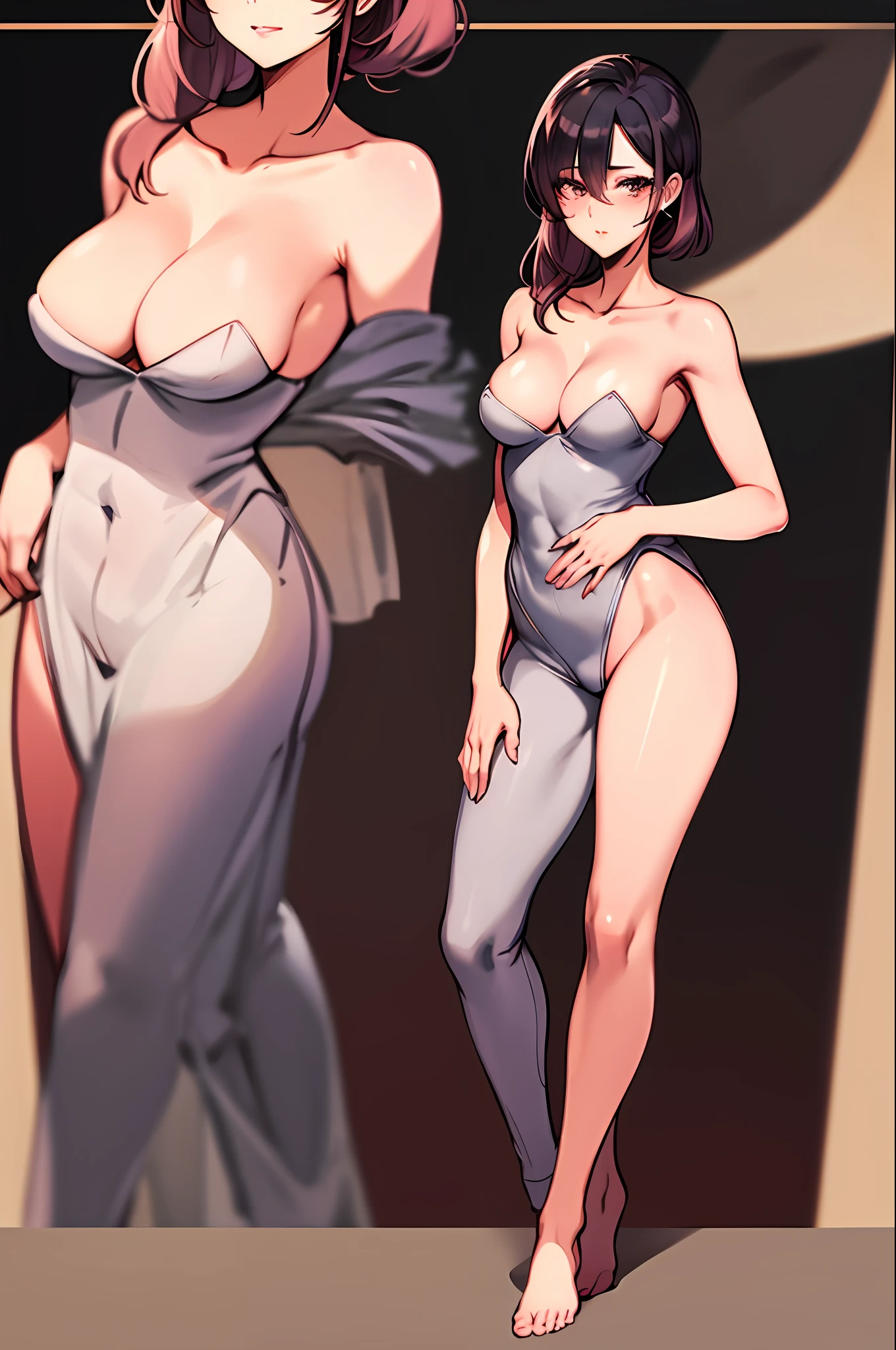 A woman, anime woman, gentle and lovely mature and beautiful woman, full body photo, delicate sexy collarbone, charming goose egg face, double eyelids, smart peach blossom eyes, pink lips, small upturned nose, exposed shoulders, focused, exquisite face, ultra HD, super details, elegant standing, traditional hairstyle, appliqué cotton jersey pajamas, made of medium weight cotton jersey, small appliqués on the chest, loose and slender silhouette, slender and tall, big breasts, long legs