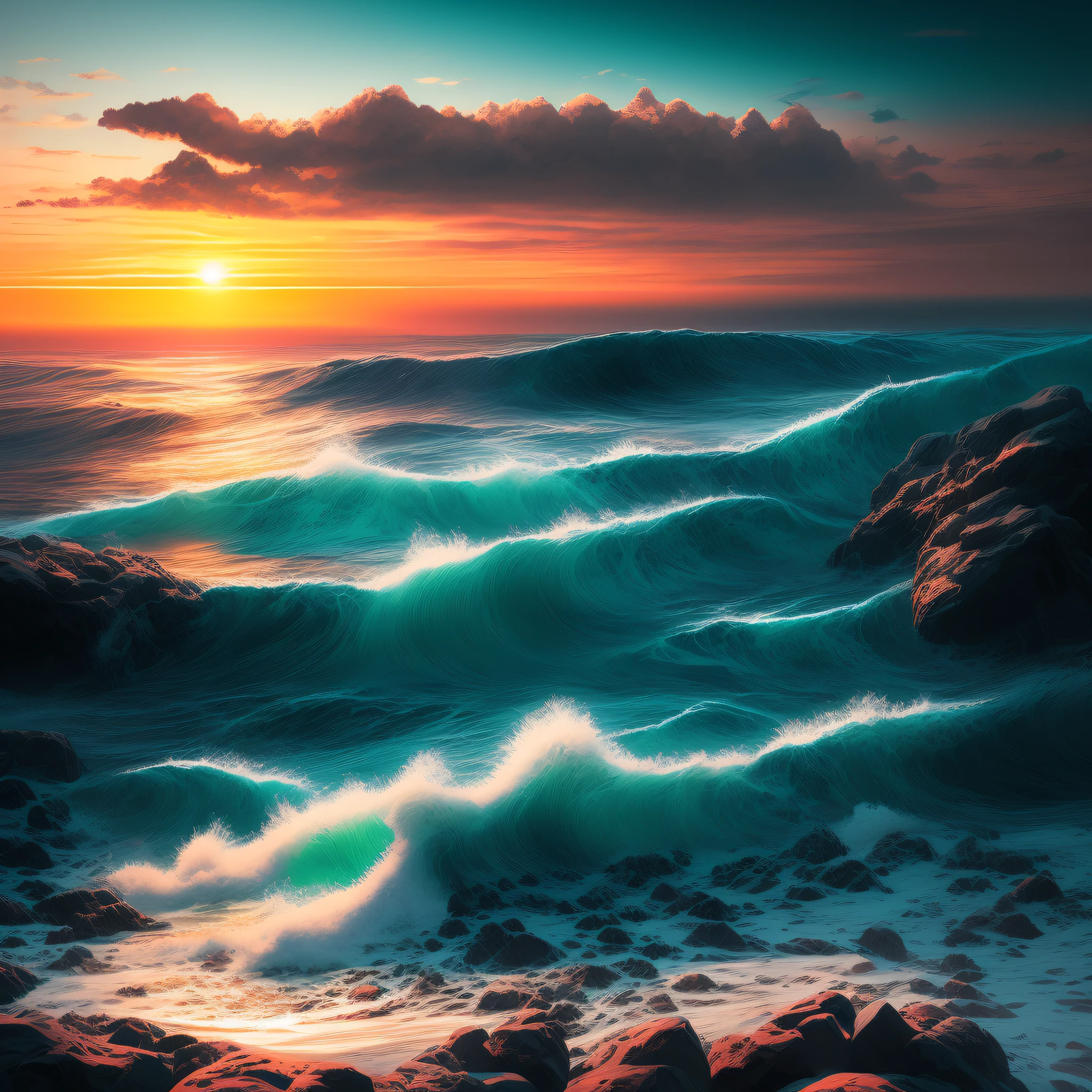 arafed view of a sunset over the ocean with waves, highly detailed digital painting, fantasy sea landscape, beautiful ocean, chaotic sea setting, colorful sunset, digital painting highly detailed, 4k highly detailed digital art, ocean waves, beautiful art uhd 4 k, sea waves, beautiful digital painting, highly detailed digital artwork, very detailed digital painting, turquoise horizon