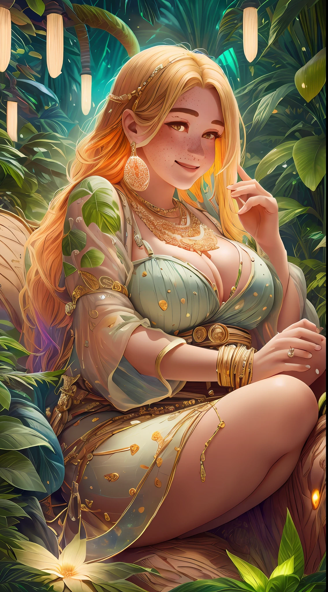 The image features high contrast utopia and depth of bioluminescent field, capturing every detail of the ((chubby woman)) (sitting on a large fully-organic sofa in the middle of a greenhouse) filled with (tropical plants). The vibrant (flowers and colorful fruits) add to the (summer ambiance), with the dazzling sunlight creating a radiant (dazzling glow:1.8). A giant glass (snake) wrapped around the woman adds an element of danger and intrigue to the scene. She wears intricate accessories such as earrings, a gold necklace, a chewer, a ring, a waist belt, a (gold chain belt), a waist chain, and a gold bangle. Her invincible smile is directed towards a nearby bush, showcasing her precise skeleton and proportions in intense detail.(((freckles))),(dazzling sunlight: 1.3),(girl reaching for her hands to the sky: 1.55), (Girl looking up: 1.55), (big: 1.5), (big bust), (viking clothes and red underwear, black and red high heels: 1.5)), (long legs: 1.5),This is a masterpiece of high quality, with photorealistic visuals and cinematic direction.