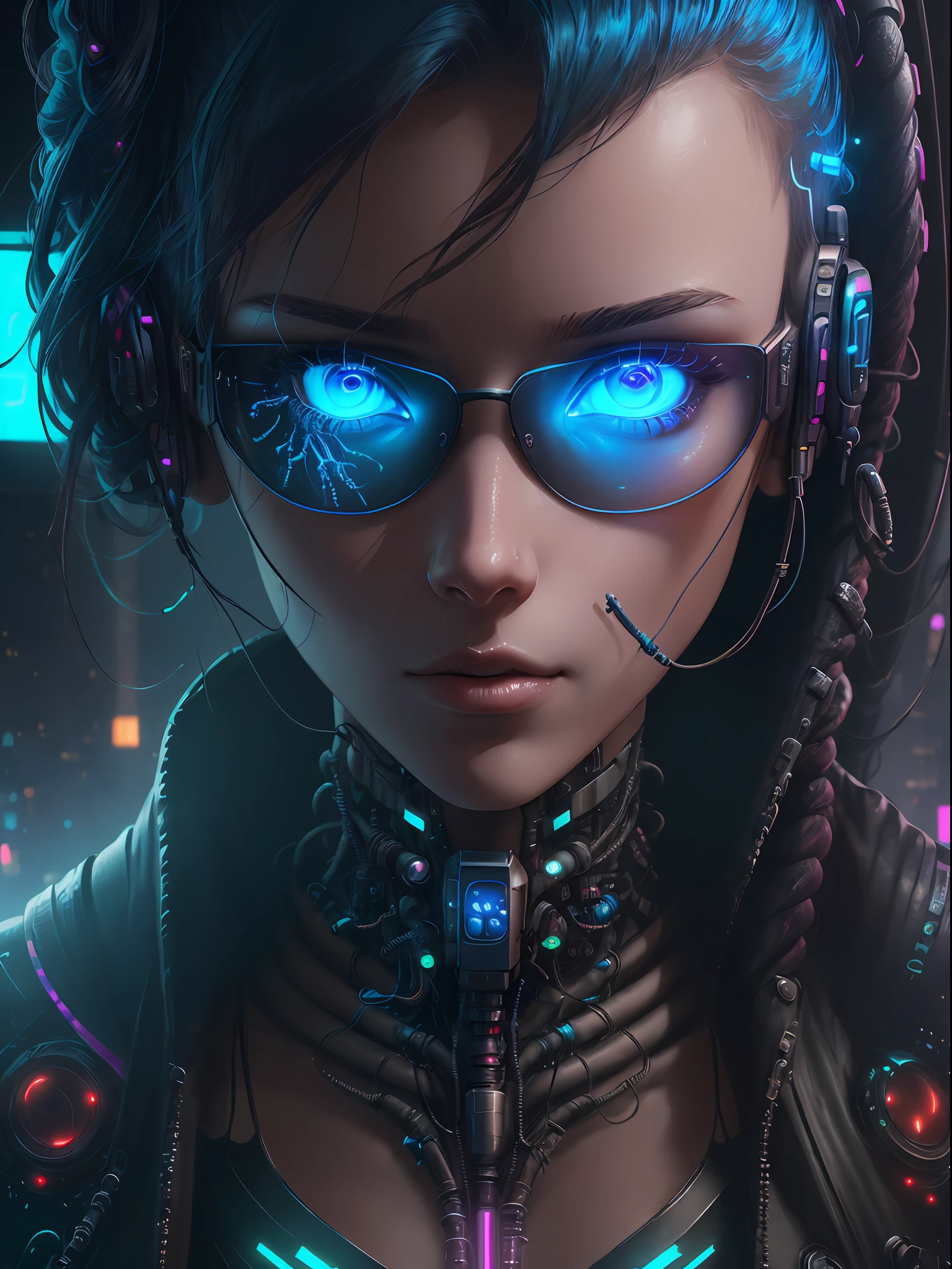 "(((A cyberpunk image of a pretty girl with cybernetic implants, with shades of wine and baby blue, highly detailed, realistic and cinematic. The image should depict reflections in the character's eyes and luminous parts in the cybernetic parts of the body. Cables should also be visible coming out of the body)))"

- Image Type: Digital Illustration
- Subject Description: A cyberpunk-style digital illustration depicting a pretty girl with cybernetic implants. The image is highly detailed, realistic and has a cinematic atmosphere. The predominant shades are wine and baby blue. The illustration should emphasize reflections in the character's eyes and luminous parts in the cybernetic areas of the body. The presence of cables coming out of the body should also be visible.
- Art Styles: Cyberpunk, Realism, Film
- Dominant Colors: Wine, Baby Blue
- Subject Details: Girl with cybernetic implants, reflections in her eyes, luminous parts on her body, cables sticking out of her body
- Rendering Techniques: Detailed Digital Illustration