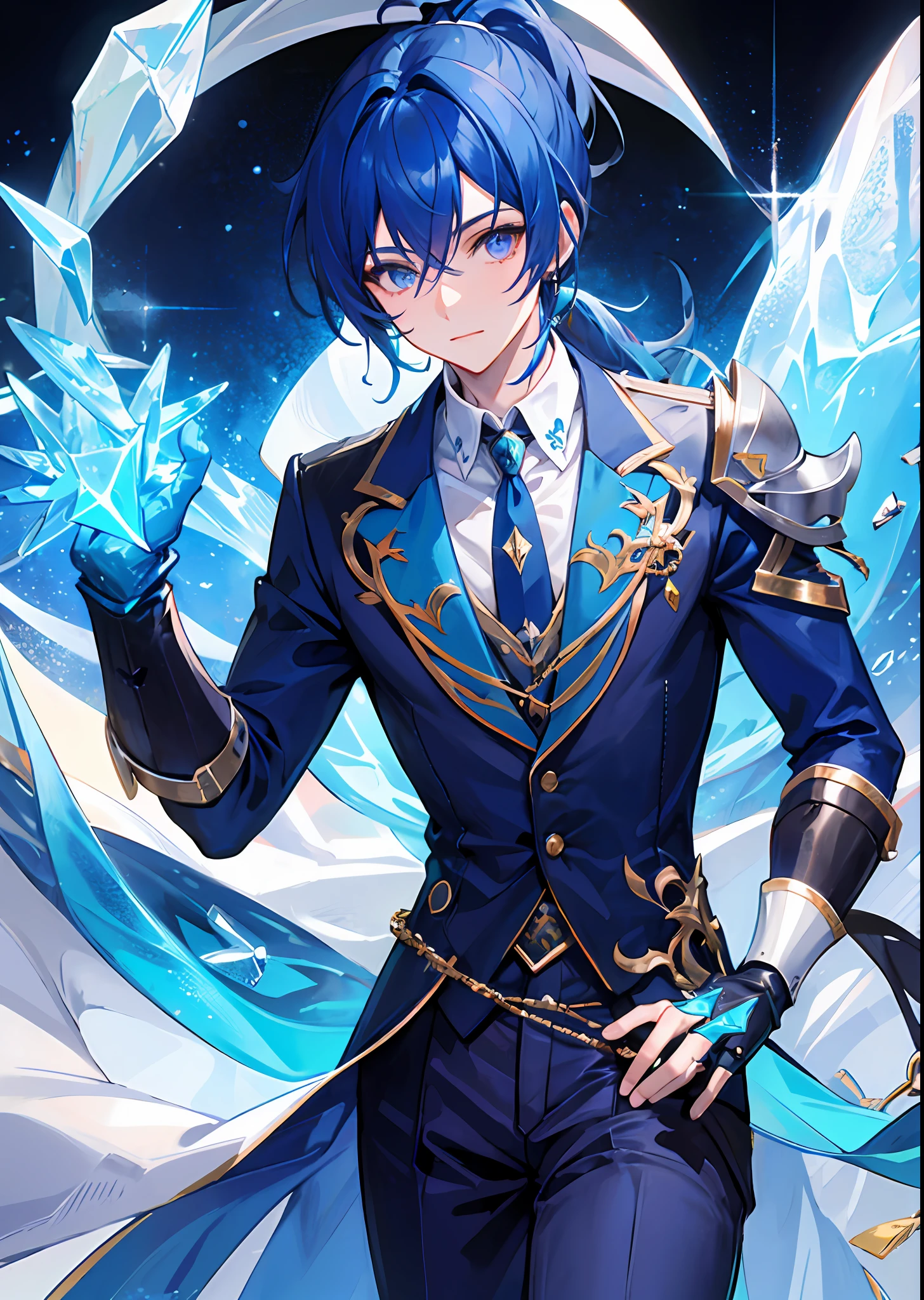 Young man with blue hair, wearing ponytail, wearing elegant blue clothes, with blue crystals around it, fluorescent blue aura, wearing crystal gauntlets