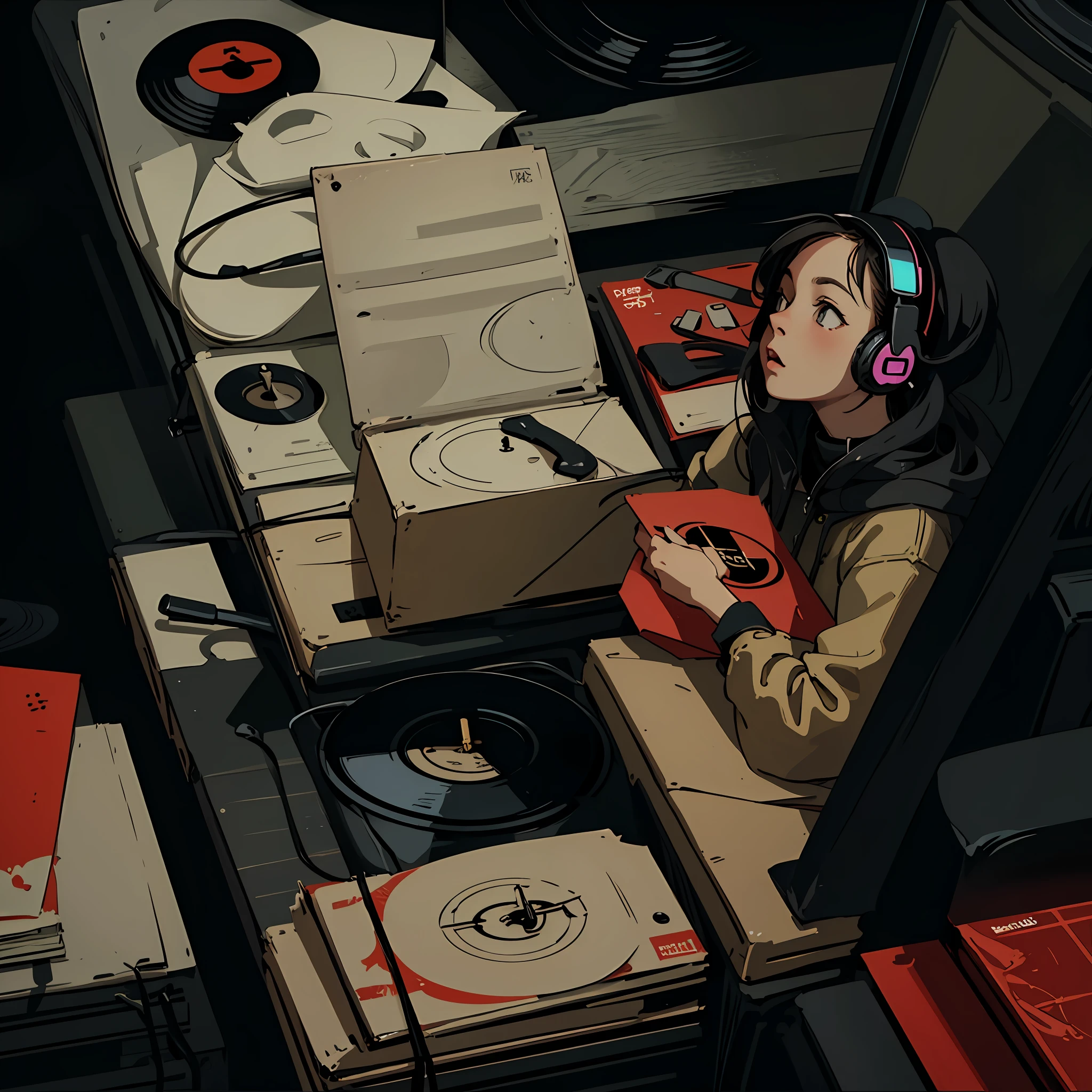 (longshot), wideshot, (film noise), old cartoon, (lots of records:1.3), vinyl record shop, (masterpiece, highest quality, highest quality, official art, beautiful and aesthetic: 1.2), (woman listening to music with 1 headphones), very detailed, (fractal art: 1.4), supreme detail, guitar, (notes: 1.4), ( lo-fi hip-hop), side view, old anime texture, solo, loudspeaker, cyberpunk, vinyl