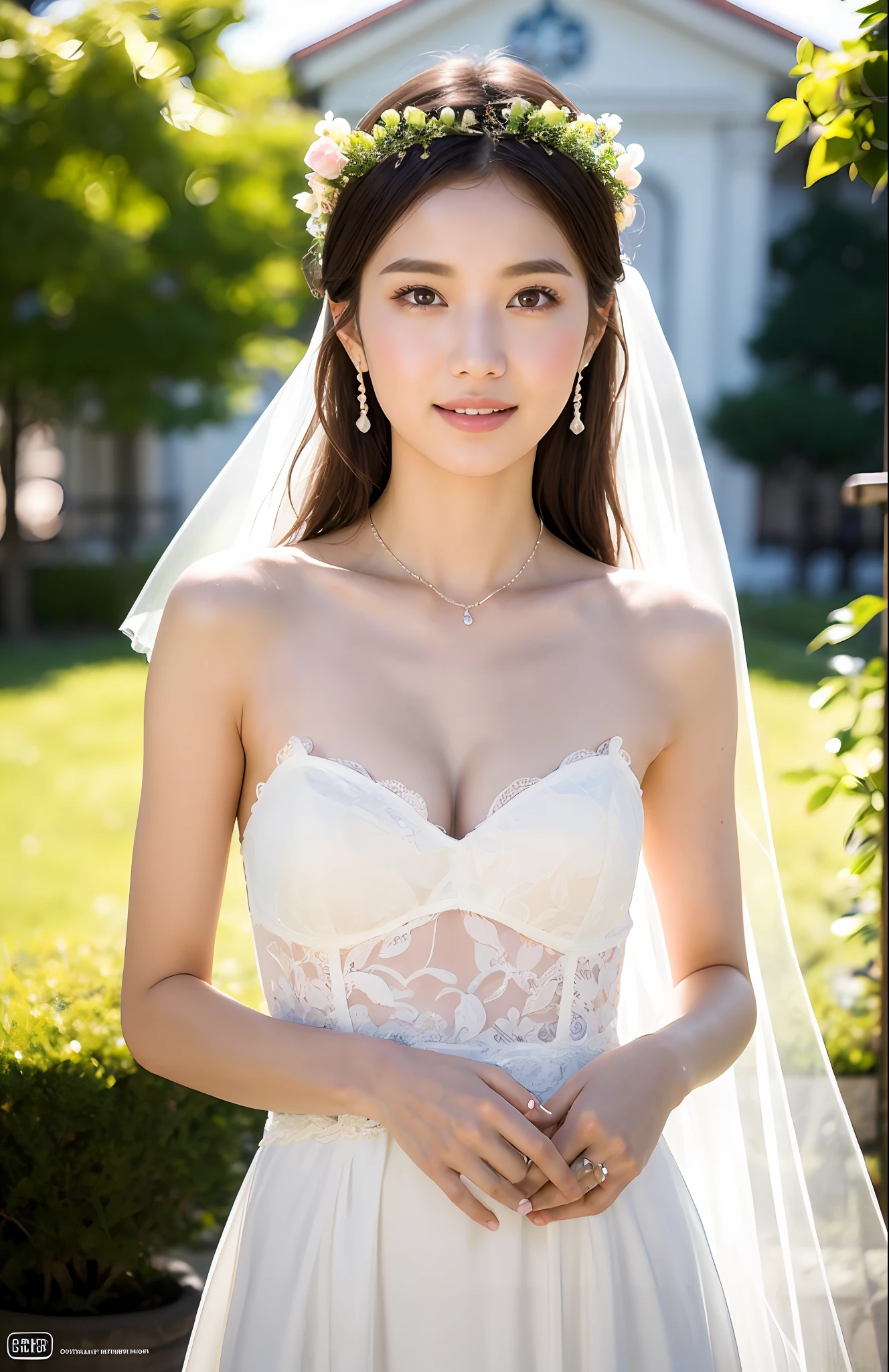 Turbulent posture, (very delicate and beautiful work), (masterpiece), 1girl, girl in wedding dress with small flowers on her head, church front veil, lace, high definition, ridiculous, charming expression, smile, beautiful clear eyes, green eyes, delicate necklace, delicate earrings, full body, simple background blur, ultra-fine depiction, beautiful, attractive, ultra-fine painting, delicate face, delicate figure, thin collarbone, nice lips, beauty big, soft back, mix4, (8k, RAW photos, top quality), masterpiece: 1.2), (realistic, photorealistic: 1.37), one girl, cute, professional lighting, photon mapping, radiosity, physically based rendering