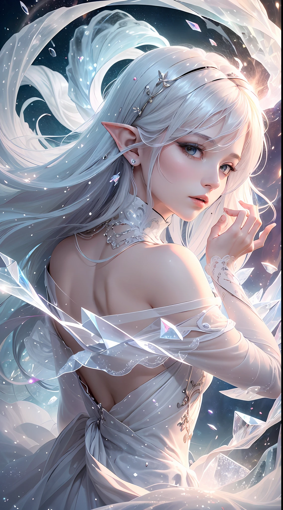 (Masterpiece, Top Quality, Best, Official Art, Beautiful and Aesthetic, Long Exposure: 1.2), Smooth Movement, Charming Patterns, 1 Girl, (Long Dress with Sleeves: 1.3), (((White Clothes) )), upper body close-up, bare shoulders, Chinese girl, blush, black lob hair, portrait, solo, upper body, looking at the observer, detailed background, detailed face, (crystallineAI, crystalline theme:1.1), elemental wind elves, rotation Wind, control the wind, white crystal clothing, dynamic pose, floating particles, ethereal dynamics, whirlwind, vapor, whirlwind in the background, white tone, whirlwind, ethereal atmosphere,