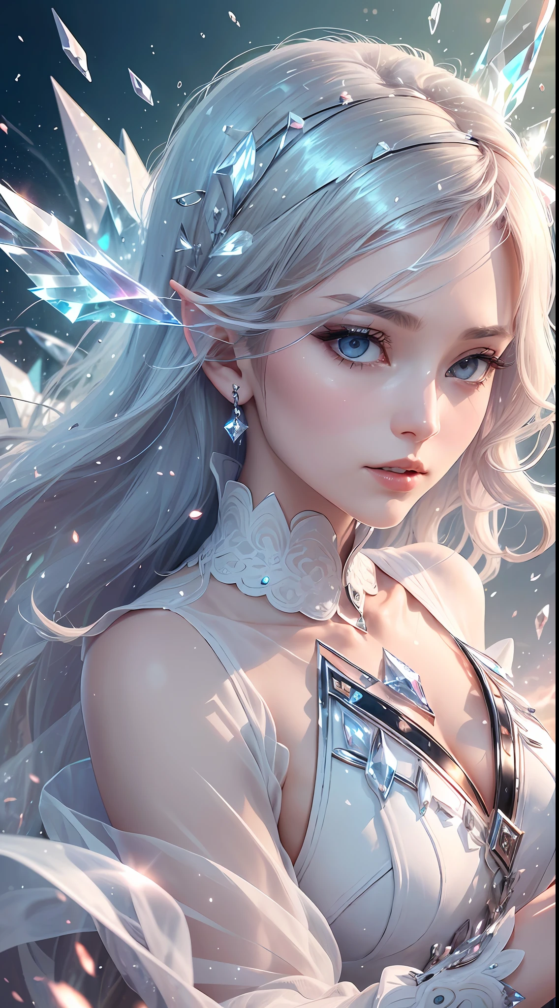 (Masterpiece, Top Quality, Best, Official Art, Beautiful and Aesthetic, Long Exposure: 1.2), Smooth Movement, Charming Patterns, 1 Girl, (Long Dress with Sleeves: 1.3), (((White Clothes) )), upper body close-up, bare shoulders, Chinese girl, blush, black lob hair, portrait, solo, upper body, looking at the observer, detailed background, detailed face, (crystallineAI, crystalline theme:1.1), elemental wind elves, rotation Wind, control the wind, white crystal clothing, dynamic pose, floating particles, ethereal dynamics, whirlwind, vapor, whirlwind in the background, white tone, whirlwind, ethereal atmosphere,