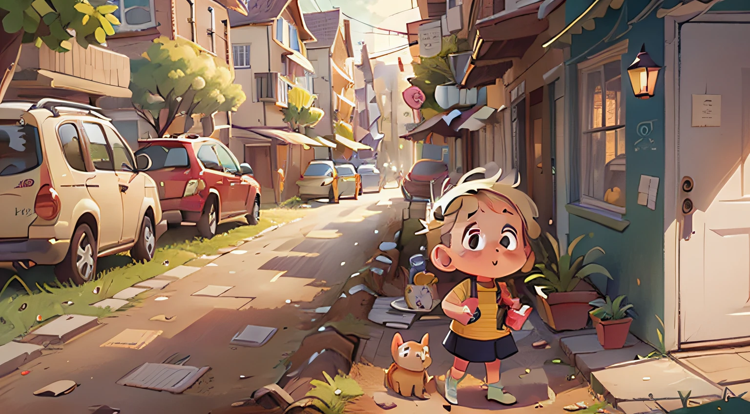 Ilustration of a ??? blonde girl in a neighborhood, cute, children's book art, cartoon, masterpiece, simple art, drawn, daytime, colorful