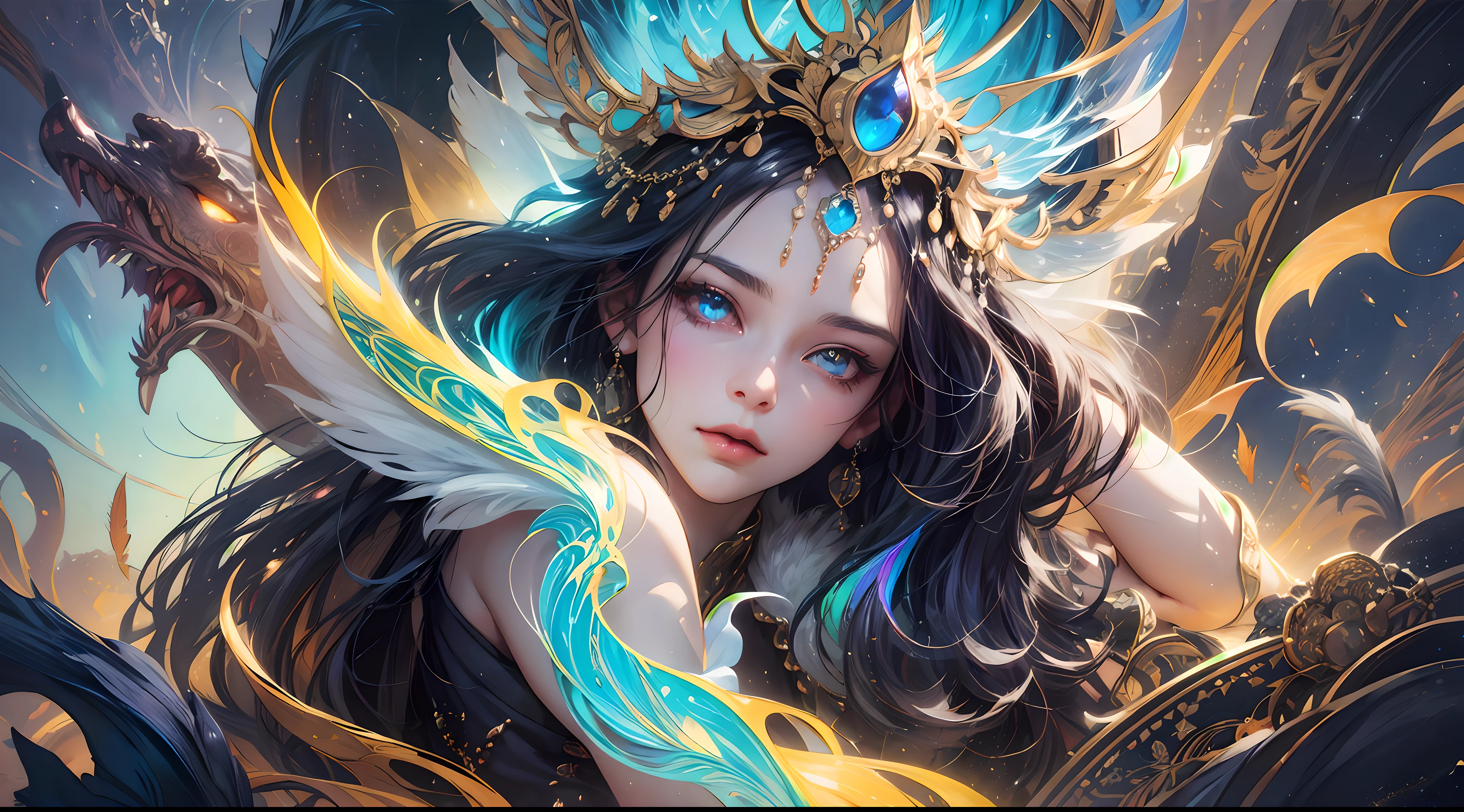 This image should be in a fantasy style. Generate a beautiful celestial woman with an interesting face and engaging expression who is playing with fantasy creatures. The woman is playing with intricate and stunning fantasy animals. (Include highly detailed fantasy animals.) Include beautiful fur and feathers and ensure the animal has plenty of iridescence. Include 8k eyes, highly detailed eyes, extremely detailed eyes, macro eyes, bright clear eyes, and sharp eyes. The image should be a masterpiece and contain fantasy vibes and phantasmal iridescence. Include many bright colors. Camera: Utilize dynamic composition and studio lighting to enhance details and emphasize fantasy vibes. The image should be ornate and contain many small and intricate details. In the style of Artstation trending and midjourney.