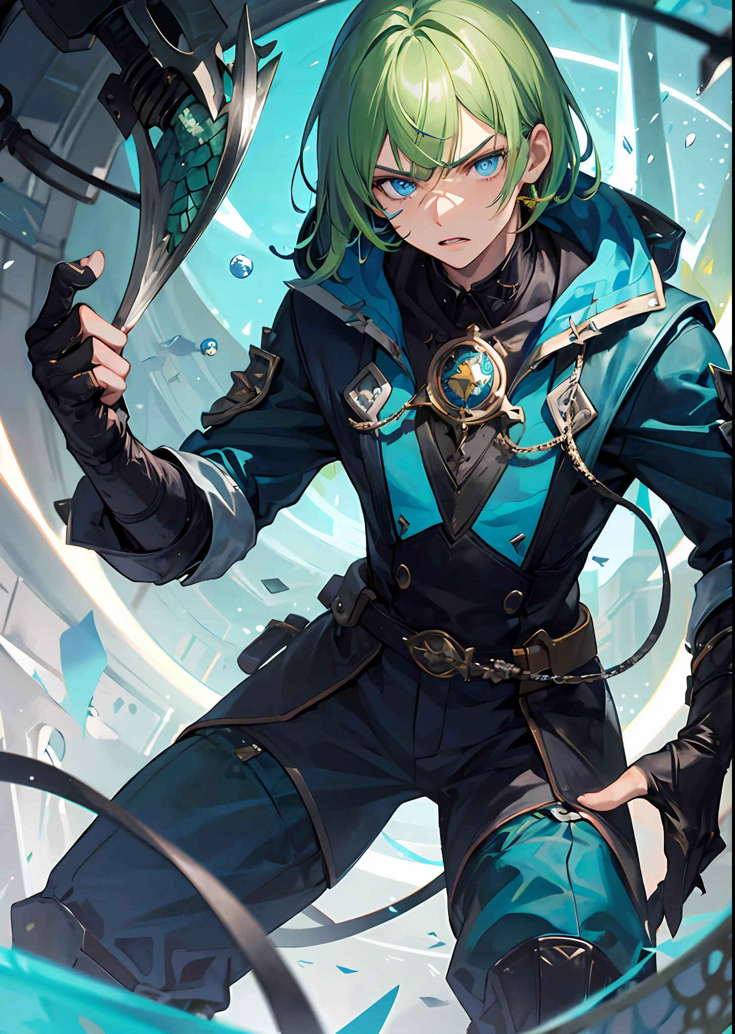 Newt-looking man with scales on his face, in a laboratory, with upward spiky hair of green color, pointed teeth, blue eyes, with a serious face