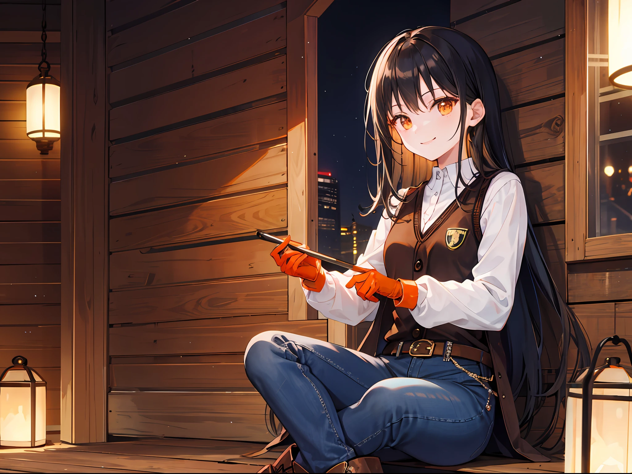 Warm lights, beautiful, cute, long black hair, brown vest, long white shirt, red gloves, orange eyes, blue jeans, brown boots, dark brown belt, sitting, (1 girl 1.3), smile, medieval