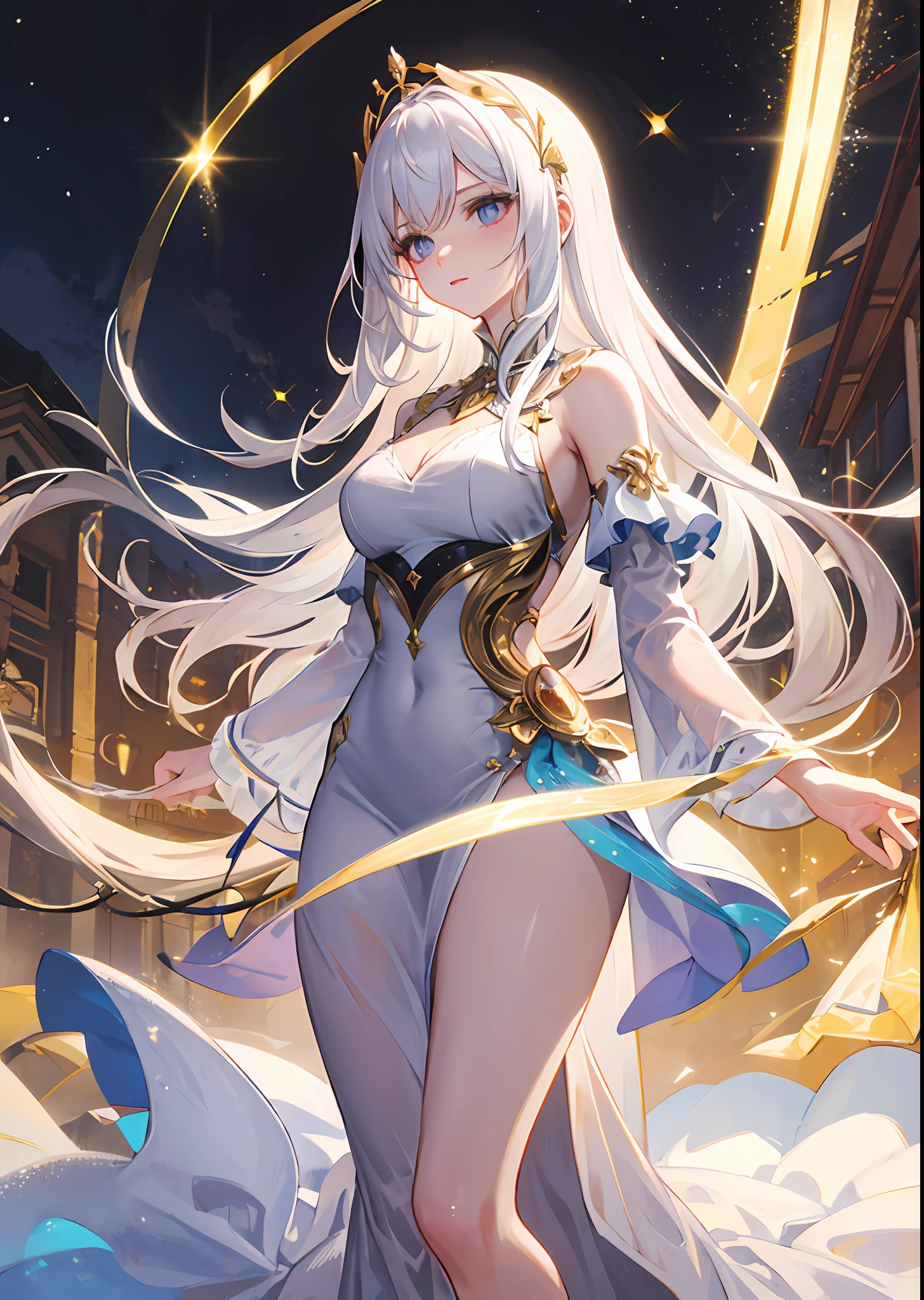 Beautiful woman, wearing an elegant white dress, with long white hair with golden details, with an aura of light