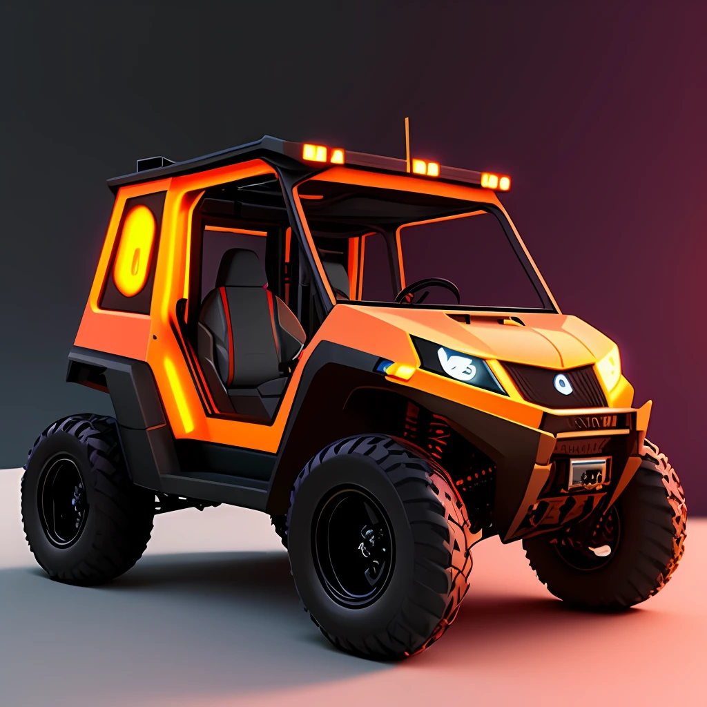 A futuristic black and orange ATV with red light with cabin, designed by Daniel Simon, rendered by RenderMan, hard surface modeling, ray tracing, ambient occlusion rendering, CGSociety Trend --ar 3:2 --v 5