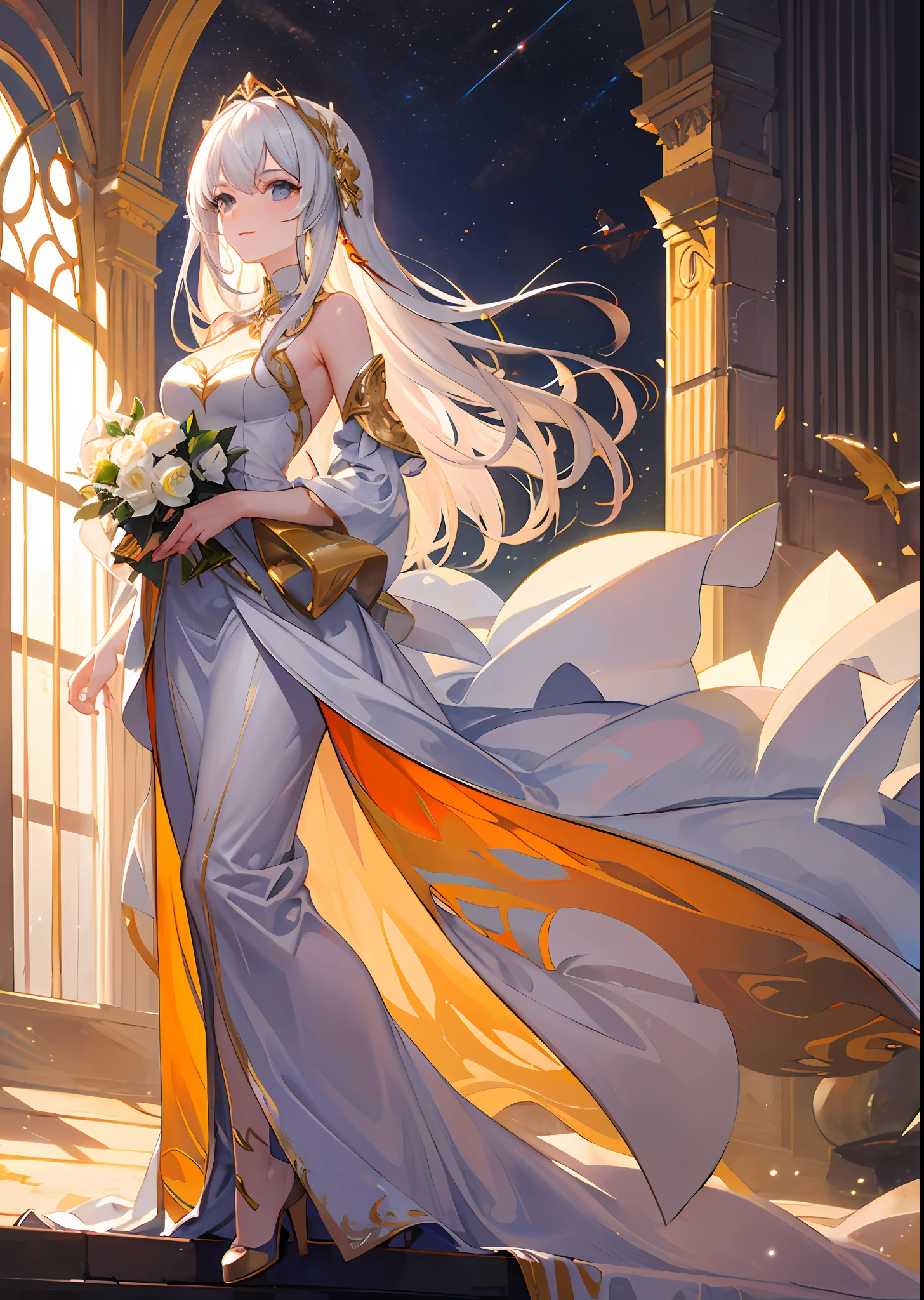 Beautiful woman, wearing an elegant white dress, with long white hair with golden details, with an aura of light