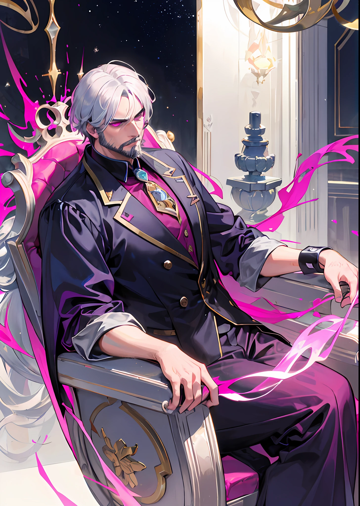 A 40-year-old man wearing elegant clothes of magenta color, with magenta eyes, with an aura of power, a cosmic aura, sitting on a white marble throne, with a serious face, with a magenta colored beard