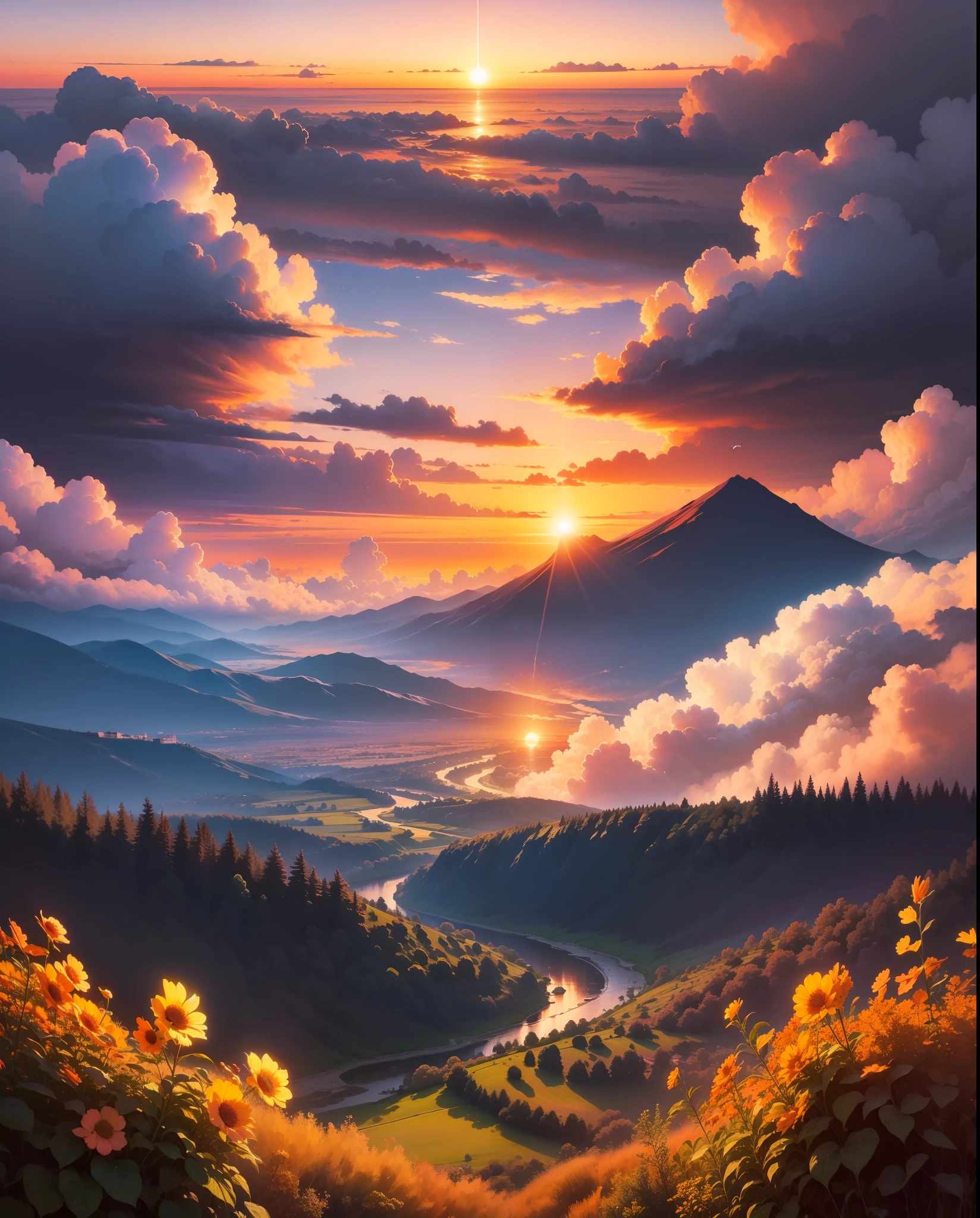 Beautiful sunset landscape, stunning colors yellow, orange, pink, purple, blue, beautiful paradise in the sky, bright clouds, butterfly featured