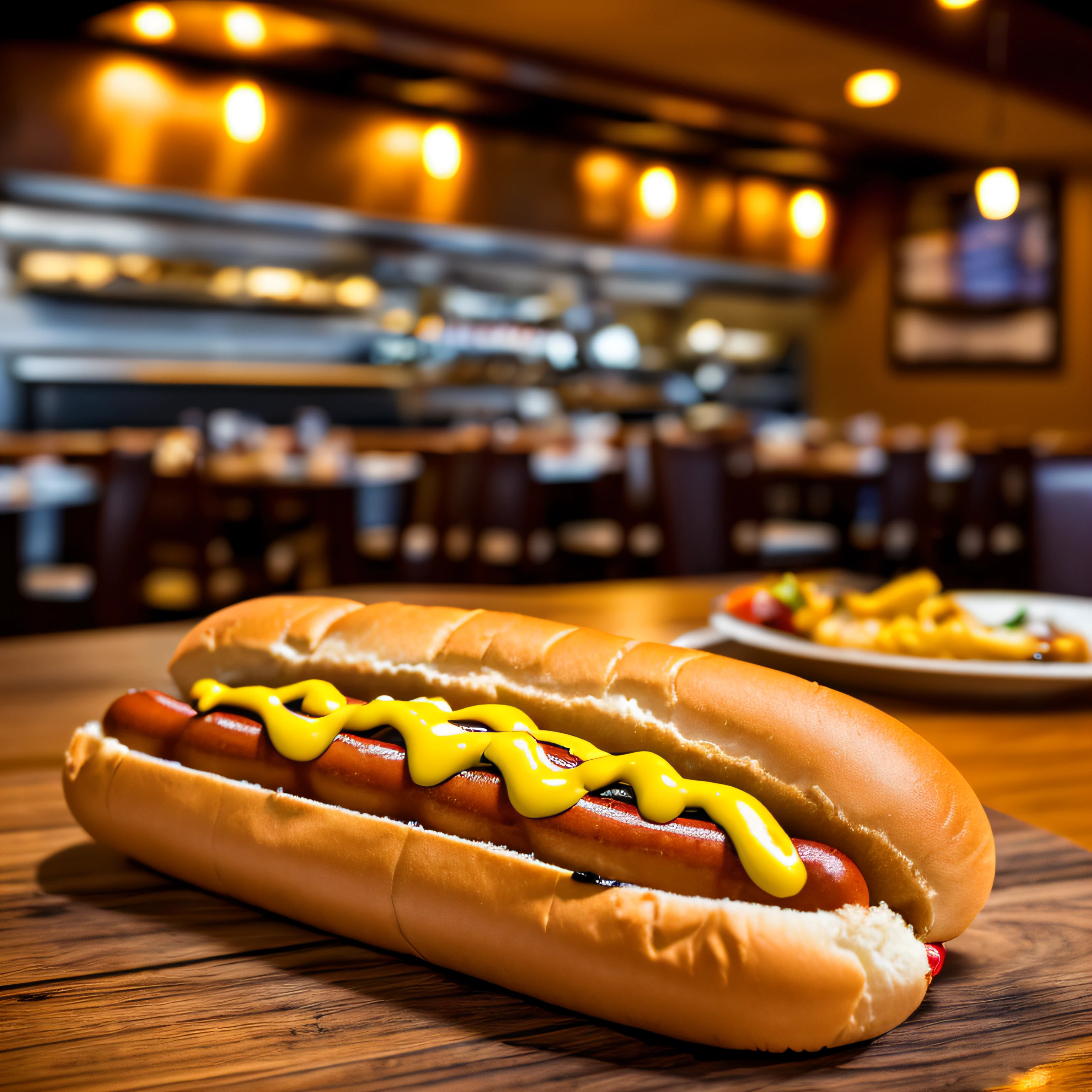 Professional photo of hot dog on a table in a restaurant, canon 5d, ultra hd, high resolution scan --air 2:3 --auto