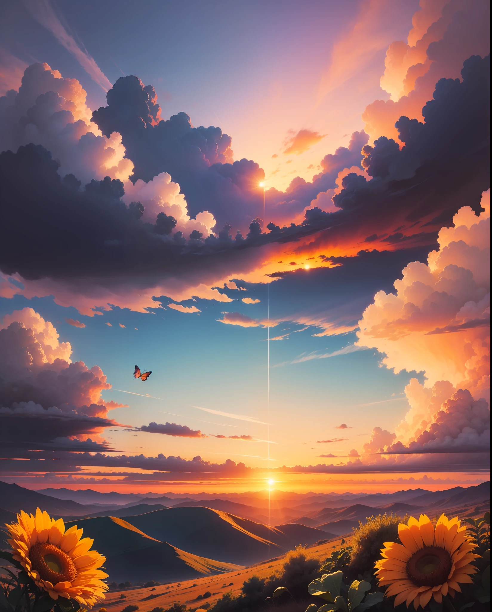Beautiful sunset landscape, stunning colors yellow, orange, pink, purple, blue, beautiful paradise in the sky, bright clouds, butterfly featured