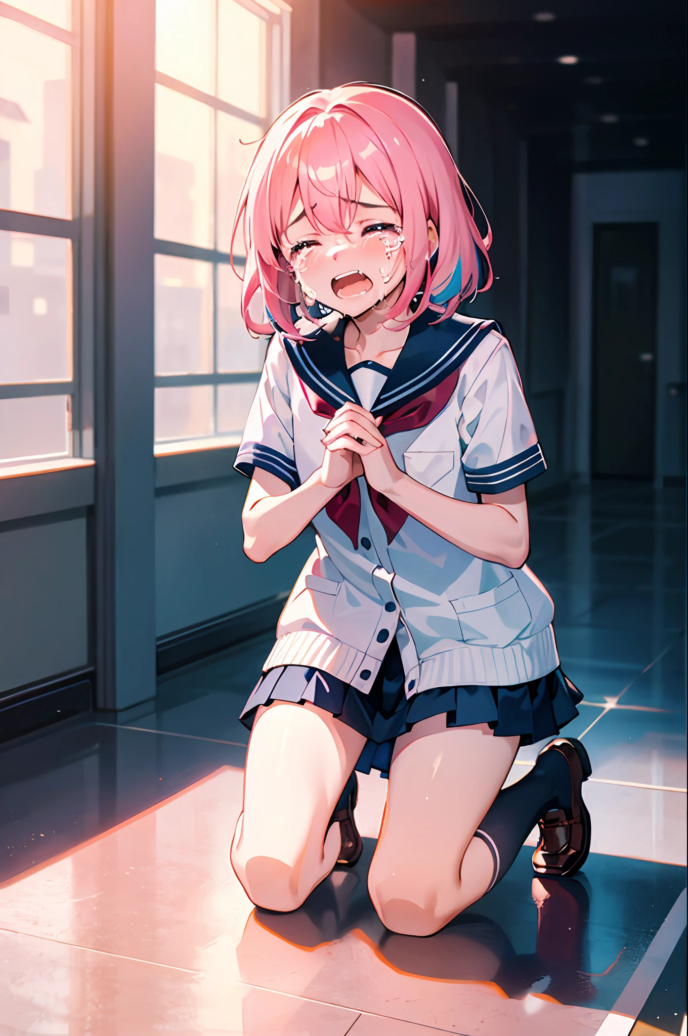 Top Quality, Masterpiece, High Definition, Very Detailed, 8k, One Girl, Cute, Anime, Crystal Clear White Skin, Asian Girl, Sensual, Full Body, Young, Junior High School, 13 Years Old, Child, (Hair color is light pink), School hallway, Summer cute uniform, Hair rises fluffily, Miniskirt, Lift-up skirt, Crying loudly, Close both eyes, scream, Awesome anger, High angle, crying, Looking up, kneeling hands crying on floor, front camera