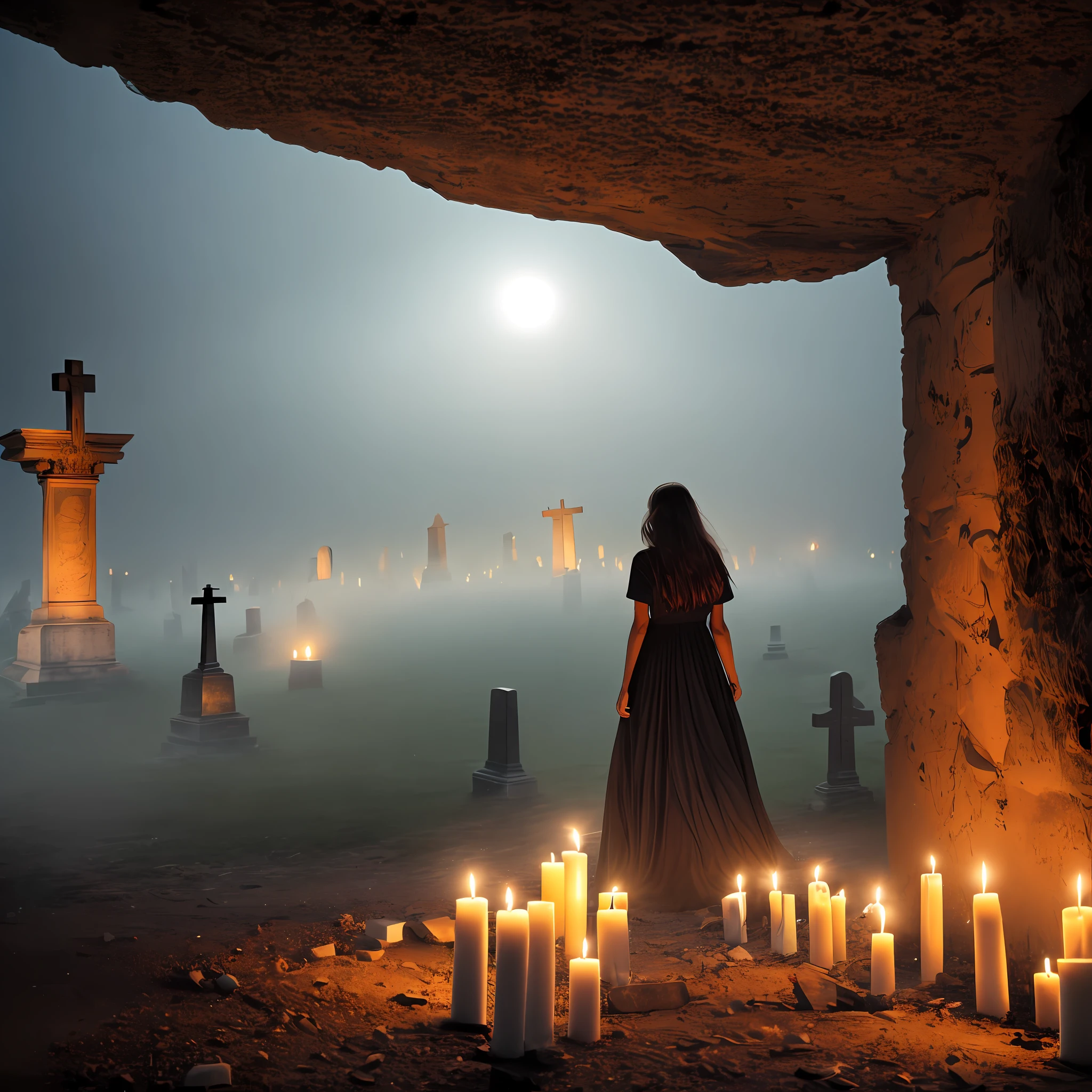 Realistic photo, perfect, raw, beautiful woman, long hair, black fluttering with the wind, long dress, torn, black, fluttering with the wind, a lot of smoke around her, inside a cemetery among the catacombs, in the background a large mausoleum with a broken angel with the on top. Candles illuminate the place, a strong and dense fog overshadows the view. The night is dark, the environment is heavy and scary. --auto