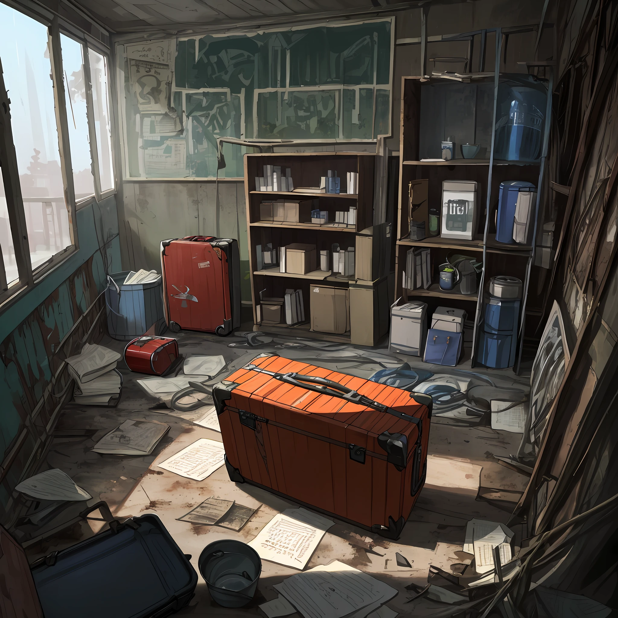 (best resolution),(masterpiece), (best shading), close-up of 1 open red suitcase full of clothes in an abandoned room with (dirt on the floor, some old torn papers, rusty cans, rusty shelves (with plastic containers, pots and tattered books), old posters broken on the walls, cracks on the walls, green mold on the surface, gray pipes on the walls, some cables pulled by the room, blue night light, dense fog, charged environment