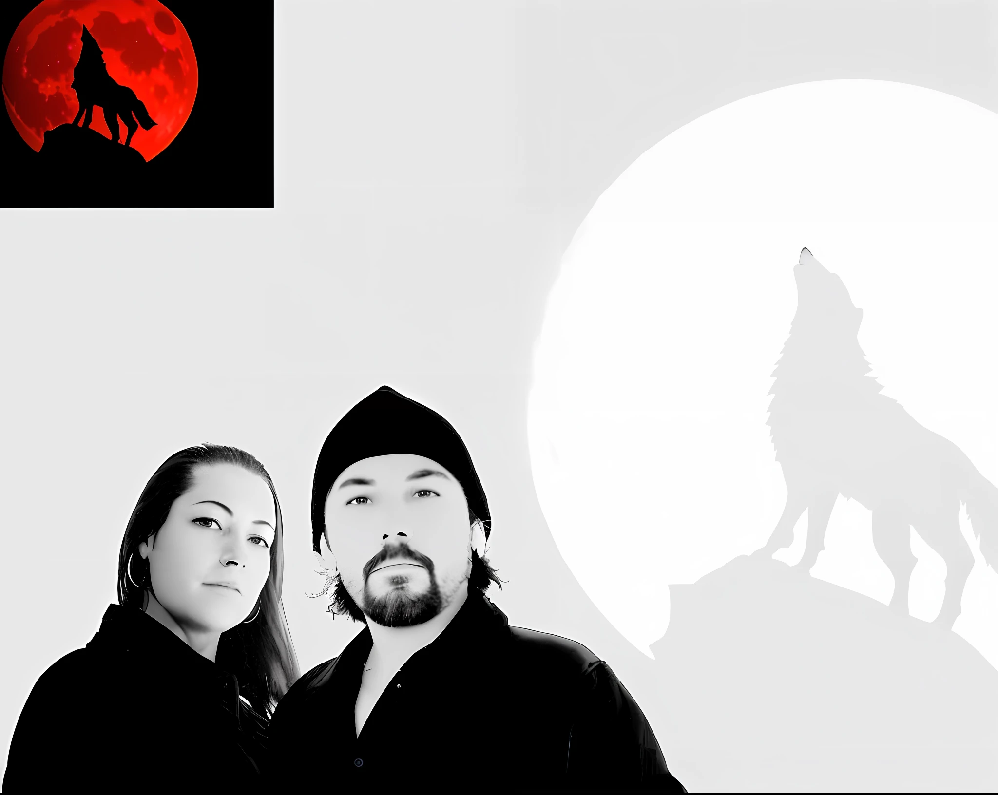 There are two people standing side by side with a wolf in the background, facing a big moon, facing a full moon, promotional photo, promotional art, the wolf howling at the moon, howling at the moon, facing the moon, red moon, facing a pale full moon, promotional art, Promotional photo, wolves, placing gothic art behind people