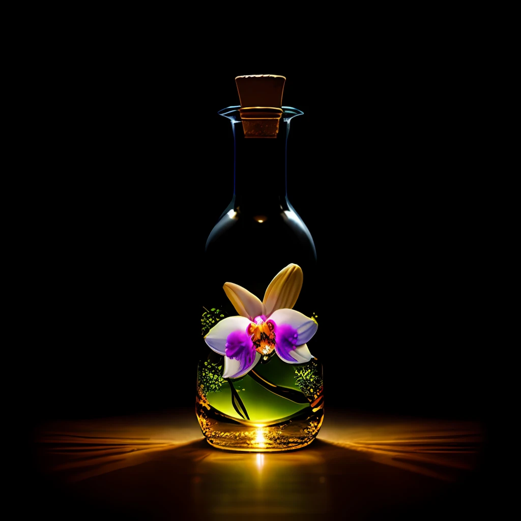 orchid in a bottle, fluffy, realistic, refraction of atmospheric light, by lee jeffries nikon d850 film photography 4 camera kodak portra 400 lens f1.6 rich colors realistic texture hyper realistic lighting dramatic engine unreal trend in artstation cinestill 800, Style-Glass