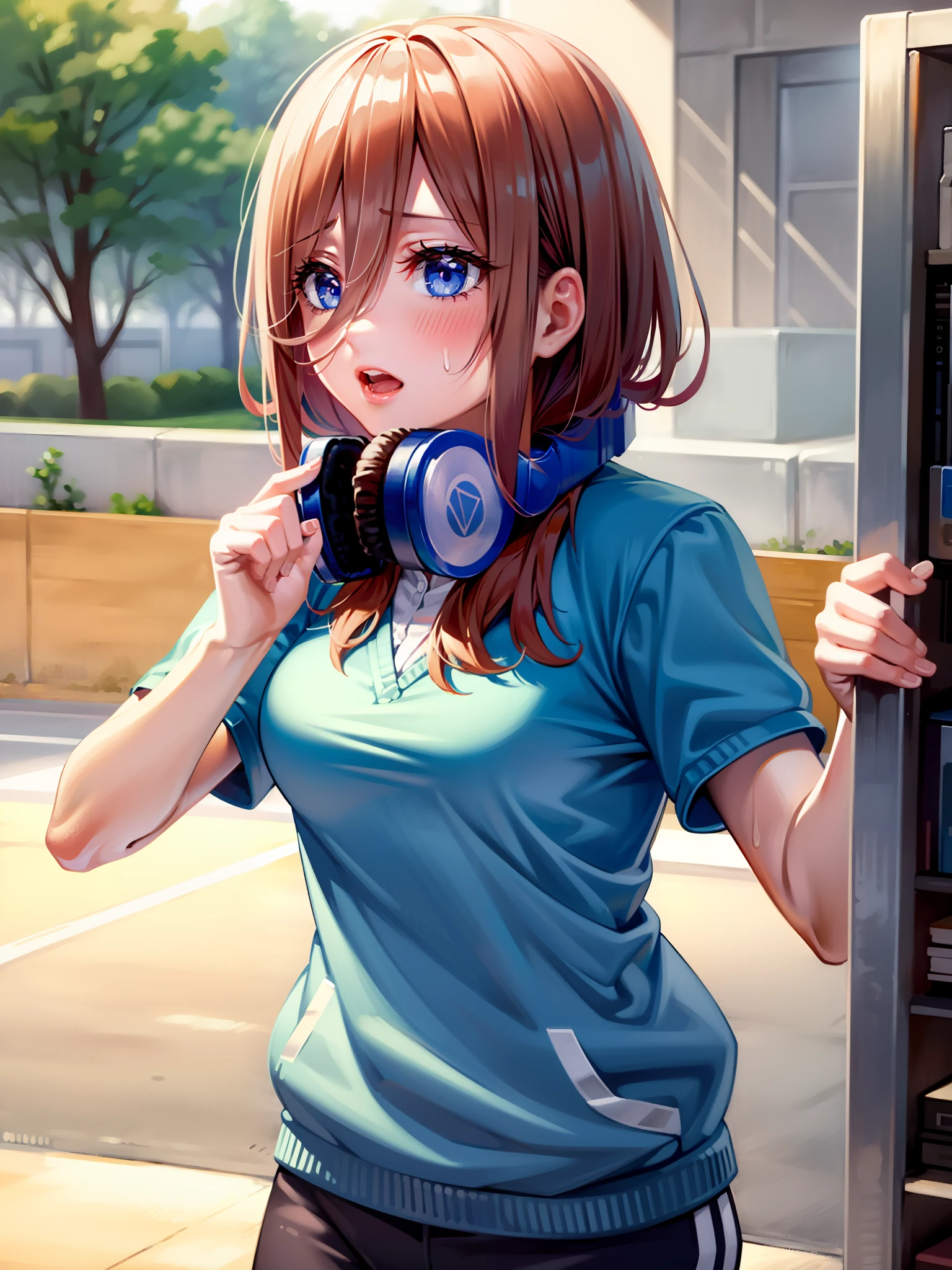 (masterpiece), (best quality), ultra high res, professional artwork, ultra detailed, intricate, detailed face, perfect lighting, 1girl, nm1, headphones around neck, gym uniform, buruma, day, outdoors, track, running, jogging, sweat, sweatdrop, large breasts, open mouth, cowboy shot, far shot