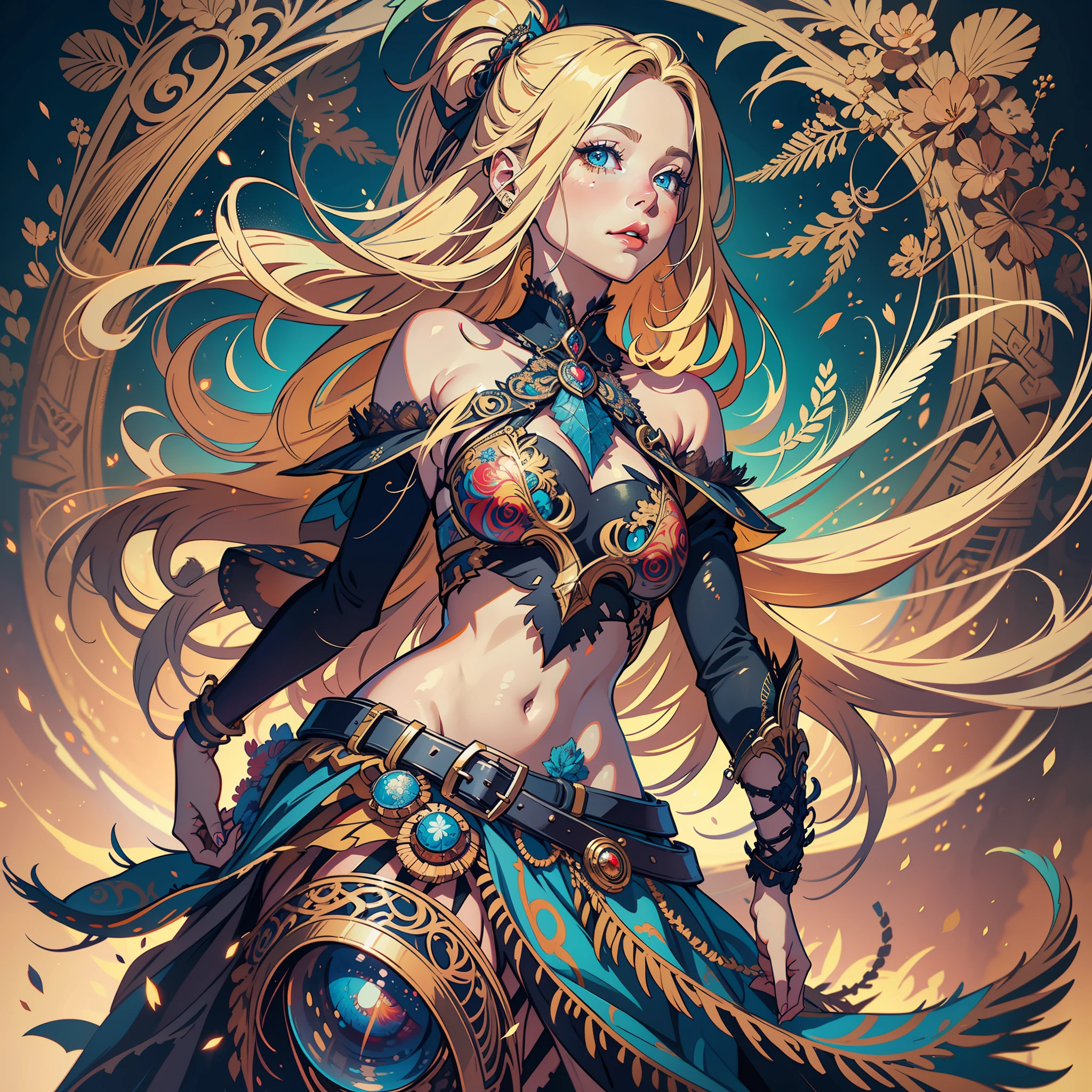 , AVRIL LAVIGNE with long blonde hair and blue eyes, detailed digital anime art, artgerm on artstation pixiv, digital anime illustration, artgerm. Anime illustration, fantasy art style, Ernst Haeckel, James Jean. generative art, baroque, intricate patterns, fractalism, film still, photorealistic, bright peacock feathers, intricate, elegant, highly detailed, digital painting, art station, smooth, sharp focus, illustration, overtaking, vaporizer, full body shot