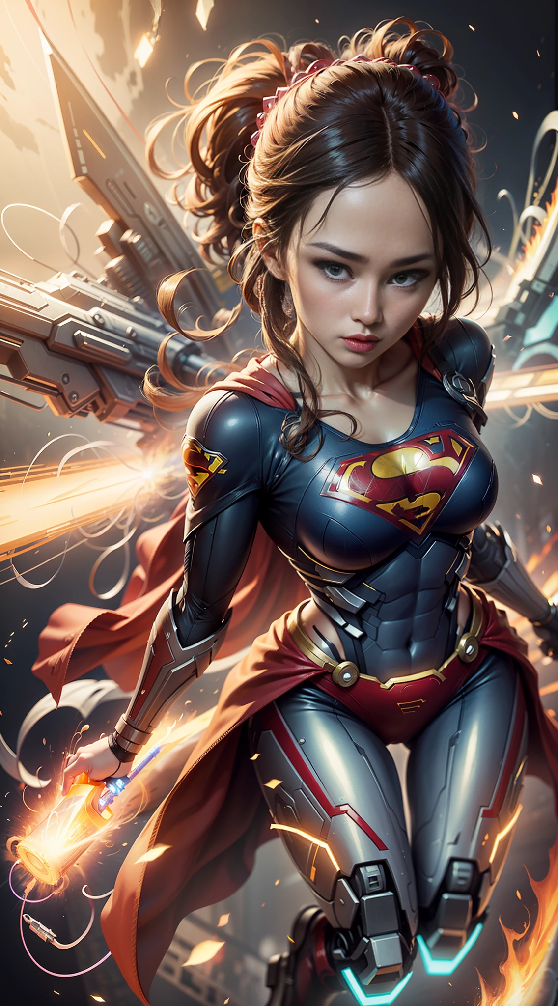 ((Best quality)), ((Supergirl's masterpiece)), (highly detailed:1.3), 3D, beautiful, (cyberpunk:1.2), in space, nebulous, holding_weapon, laser, (1Female Mecha:1.3), sexy body, facing the audience, bright blue eyes, full body, blonde, (flying, descending, dynamic, motion blur: 1.4), (huge wings of wicks: 1.6), looking up, glowing_eyes, mecha, panorama, background is earth,  nebula, space, particles, Reality, HDR (High Dynamic Range), Ray Tracing, NVIDIA RTX, Super Resolution, Unreal 5, Subsurface Scattering, PBR Textures, Post-Processing, Anisotropic Filtering, Depth of Field, Maximum Clarity and Clarity, Multilayer Textures, Albedo and Specular Maps, Surface Shading, Accurate Simulation of Light-Material Interaction, Perfect Proportions, Octane Render, Two-Tone Lighting, Large Aperture, Low ISO,  white balance, rule of thirds, 8K RAW, efficient sub-pixel, sub-pixel volume product, (best quality), (Japanese: 0.5), (Korean: 0.8), (Liu Yi Fei: 1.5) long hair, (big chest: 1.2) wearing superman's S on the chest. --auto --s2