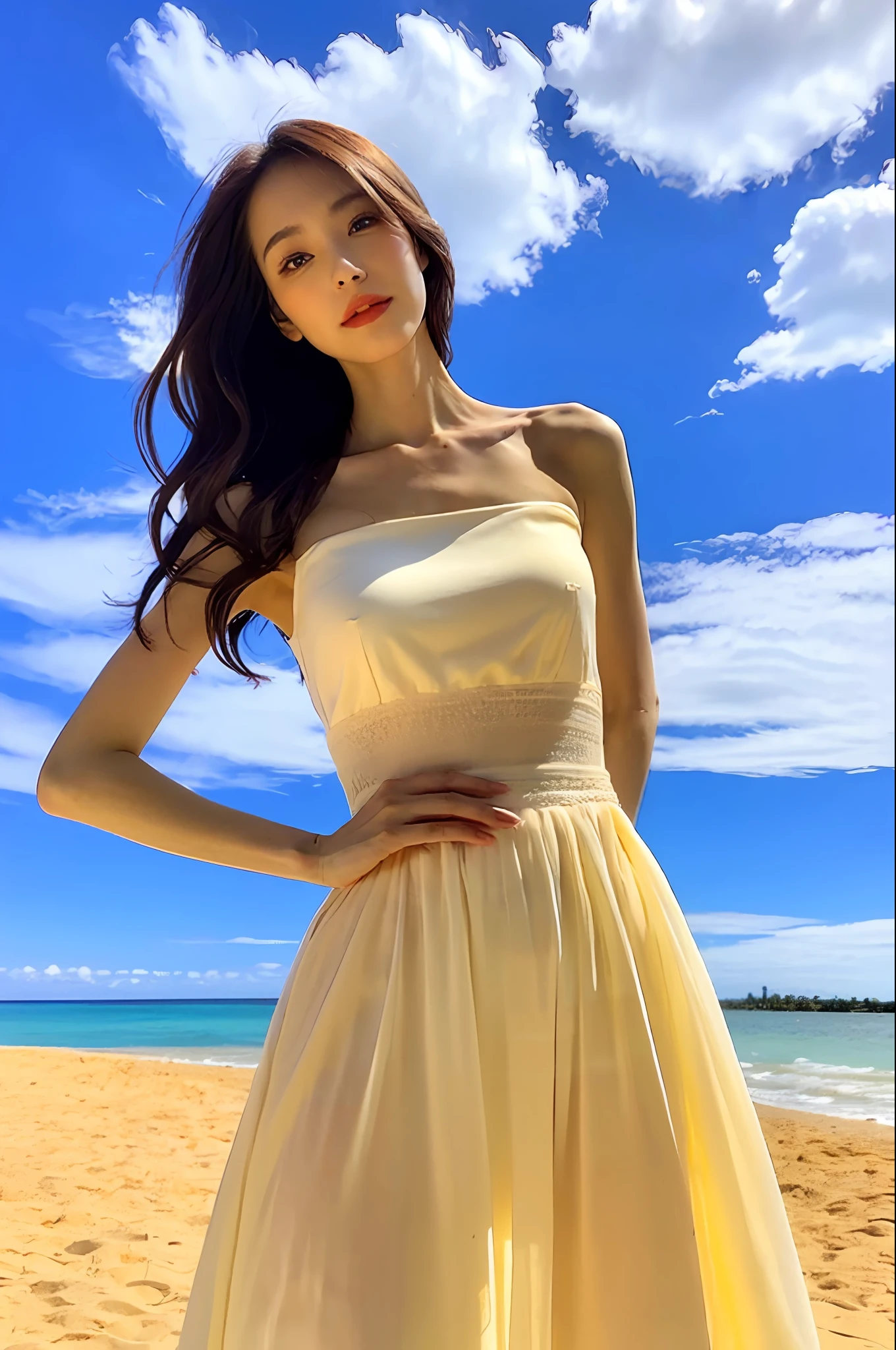 (Best Quality, 4K, Masterpiece, UHD, Real: 1.2), Real Light, Sunset, Natural Shadows, 1girl, Solo, 18 years old, wearing a white dress, (Fair skin: 1.3), Skin details, Bust, Tall and Thin Beauty, Off-white Flowing Dress, Stunning Elegant Posture, Long and Elegant, Thin waist, Elegant, Confident, Very Beautiful, Long Skirt, Blue Sky, White Clouds, Beach,