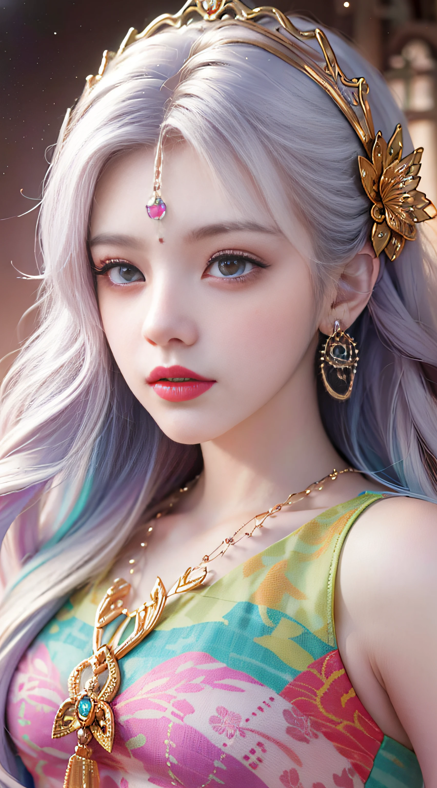 (Best Quality, 8k, Masterpiece, UHD: 1.2, CG: 1.2, Blender Rendering), close-up of a long-haired girl in ethnic minority clothes, non-metallic colored tiara, necklace with colored gemstones, fantasy style, textured earrings, kawaii realistic portraits, cute colorful cute, anime style, colorful, multi-color crossed braids, fantasy points of light everywhere, Guvez style artwork, vibrant fantasy style, cute art style, colorful pastels, Realistic anime 3D style, mature female, macro-eye