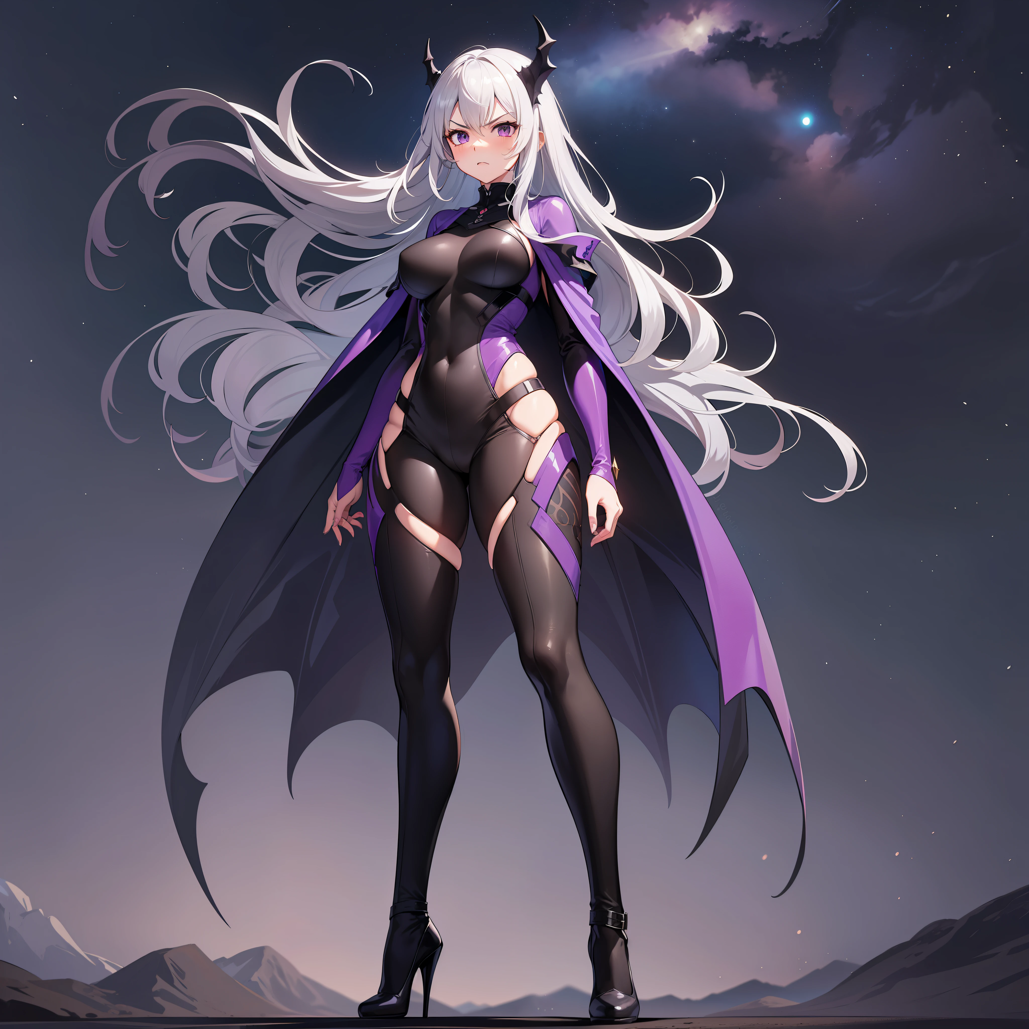 Age 30 years woman, Long gray hair with dragon Clip, Wearing a purple bodysuit with a Dark aura cloak, high heels, Third person view, looking at the desert, best quality, masterpiece, HD, Full Body, Night sky, variation angle, angry