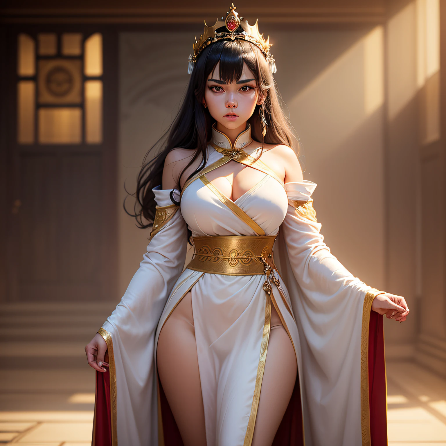 Counterfeit-V3.0,A closeup of a woman in a dress with a crown on her head, ((a beautiful empress in costume)), full-length Wuxia, flowing white robes, white and gold priestess robes,blush, determined look, angry,dark hair,golden accessories, golden belt,masterpiece,altamente detalhado, beautiful light, beautiful shadow,pantyless --auto