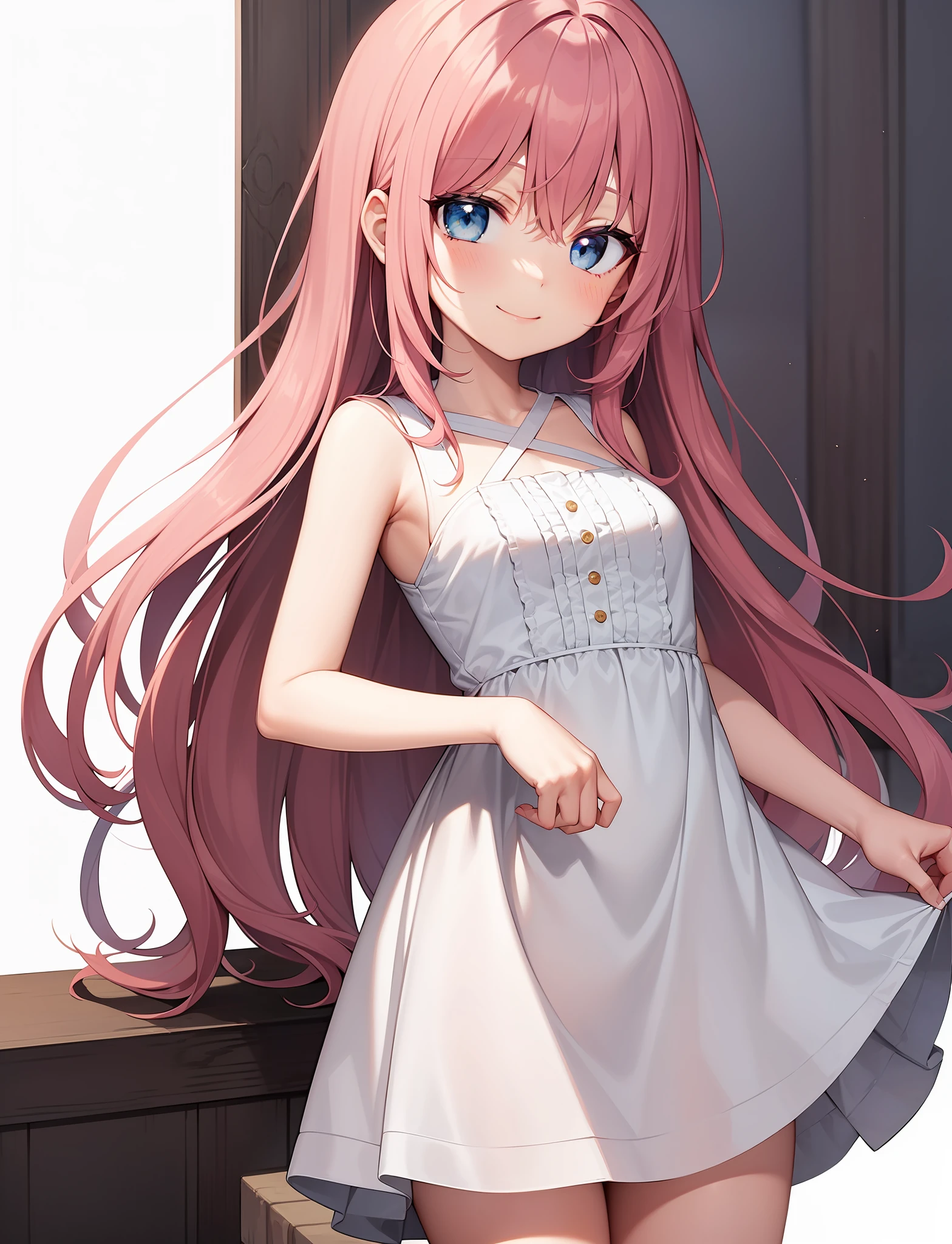 A cute anime girl child, blue eyes, long pink hair, wearing a beautiful white sleeveless dress. Smiling