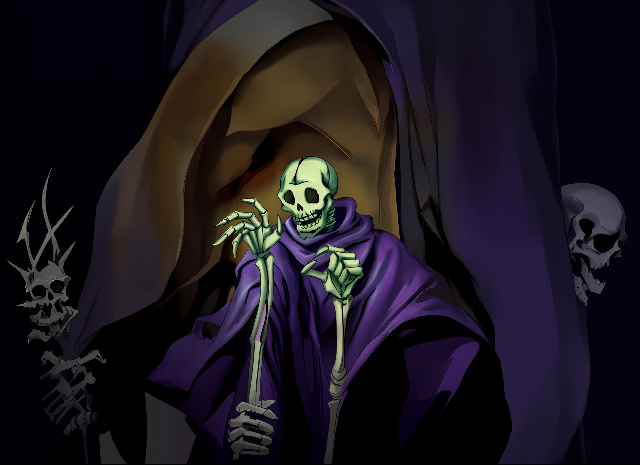 arafed skeleton in a purple cloak with a skeleton in the background, lich, undead lich, portrait of skeletor, the reaper as a scary, skeletor, skelleton, evil death, grim reaper, portrait painting of skeletor, skeleton king, grim reaper except a rat, reminded me of the grim reaper, full color digital illustration, reaper