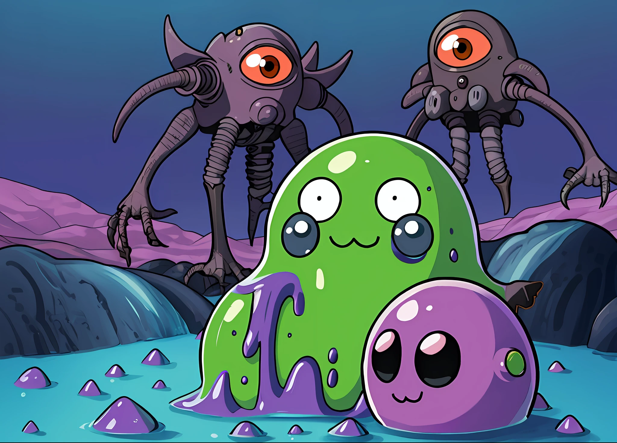 kawaii slime in an alien landscape by HR Giger