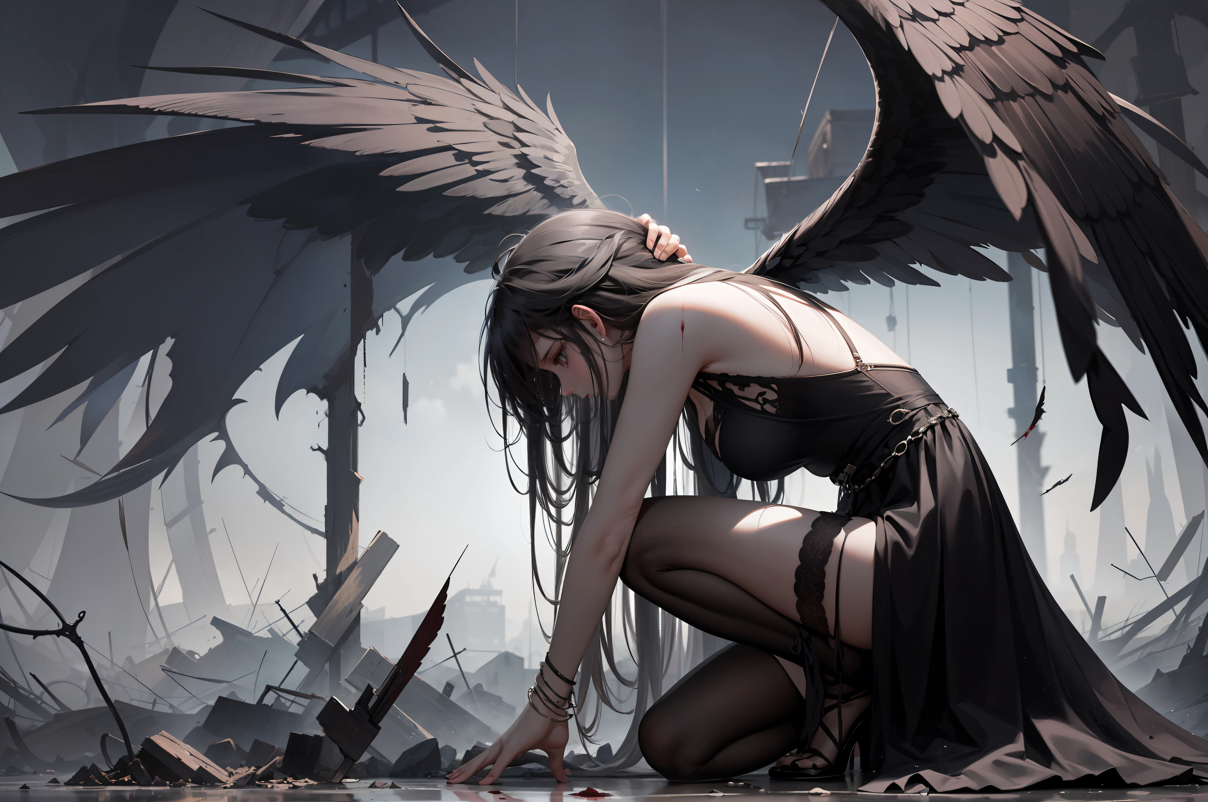 A full-body portrait of a girl wearing a white cloak, surrounded by an atmosphere of solitude, darkness, and oppression. The girl's expression is somber as she stands amidst the gloom, her face partially obscured in shadow. Her white cloak is stained with blood and dirt, reflecting the struggles she has faced. Her hair is disheveled and messy, adding to the overall disarray and turmoil. The composition showcases her profile, revealing a glimpse of her determination and resilience. Behind her, a pair of tattered wings symbolize her desire to break free from her constraints, despite the broken sword she holds, a testament to past battles fought. The overall scene captures a sense of melancholy, depicting the girl's internal struggles and the weight she carries. Executed in a bold and expressive style, with dynamic brushstrokes and a subdued color palette that emphasizes the darkness and heaviness of the atmosphere.
