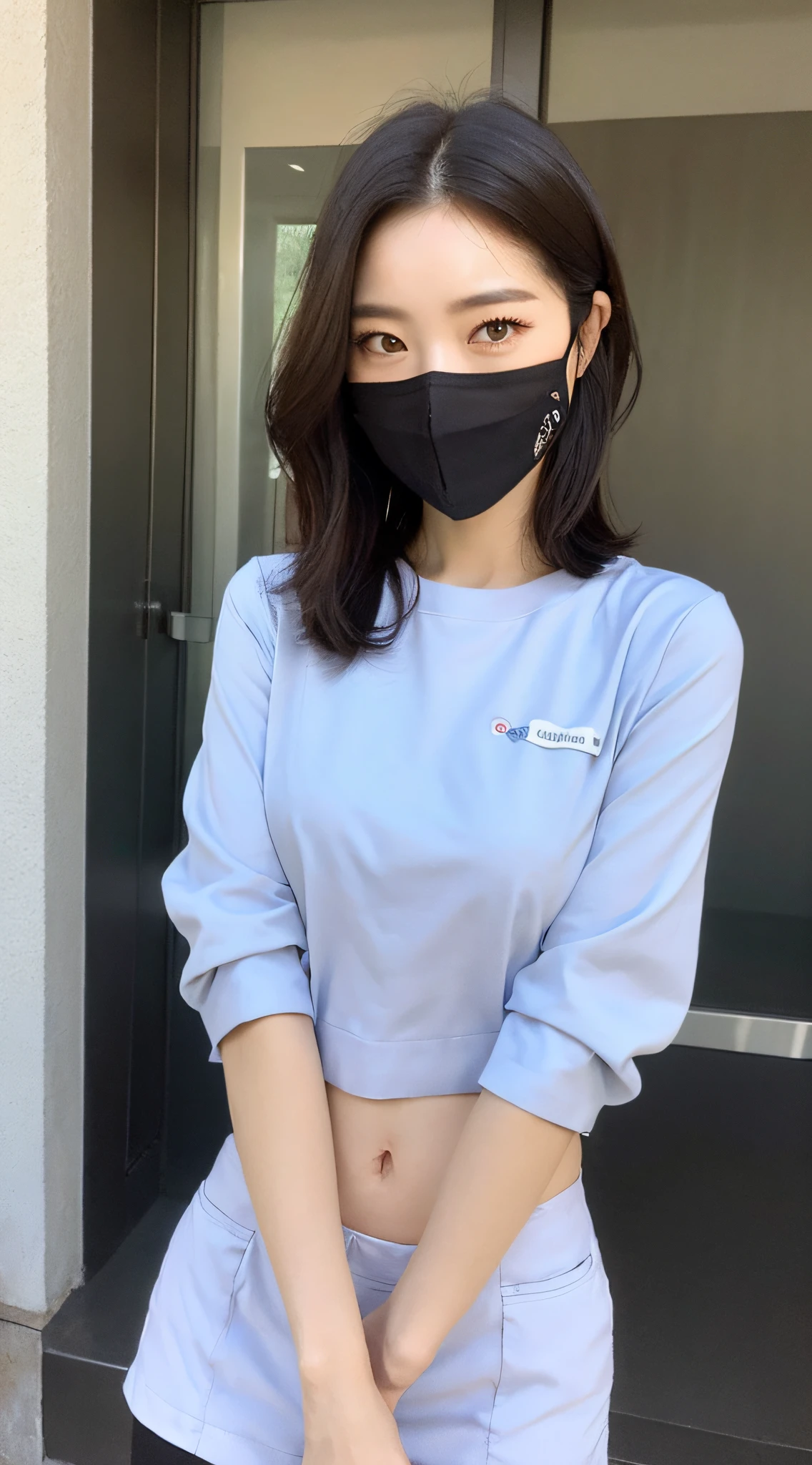 Masks outdoor【Hospital lobby:2.0 lobby exterior counter】 【1girl nurse wearing mask, perfect body beauty, slender abs, buttocks】Black hair, dark brown hair,, setback, long hair, 【Ultra-fine face Round face】 【Long eyelashes, solid round eyes, Fine Eye, Fine Eye, delicated eyes, double eyelidwork】 【Ear blush】 【Highly detailed face and skin texture Whitening skin】 【Light smile】 【(bobed hair ，-sleeved shorts half-sleeve clothing nurse clothing】 【Surrealism, shadows, relief, stereograms, atmospheric perspective, 8k super detail, accuracy, best quality, 4k natural light, best quality, realistic lighting, masterpiece, clear focus】