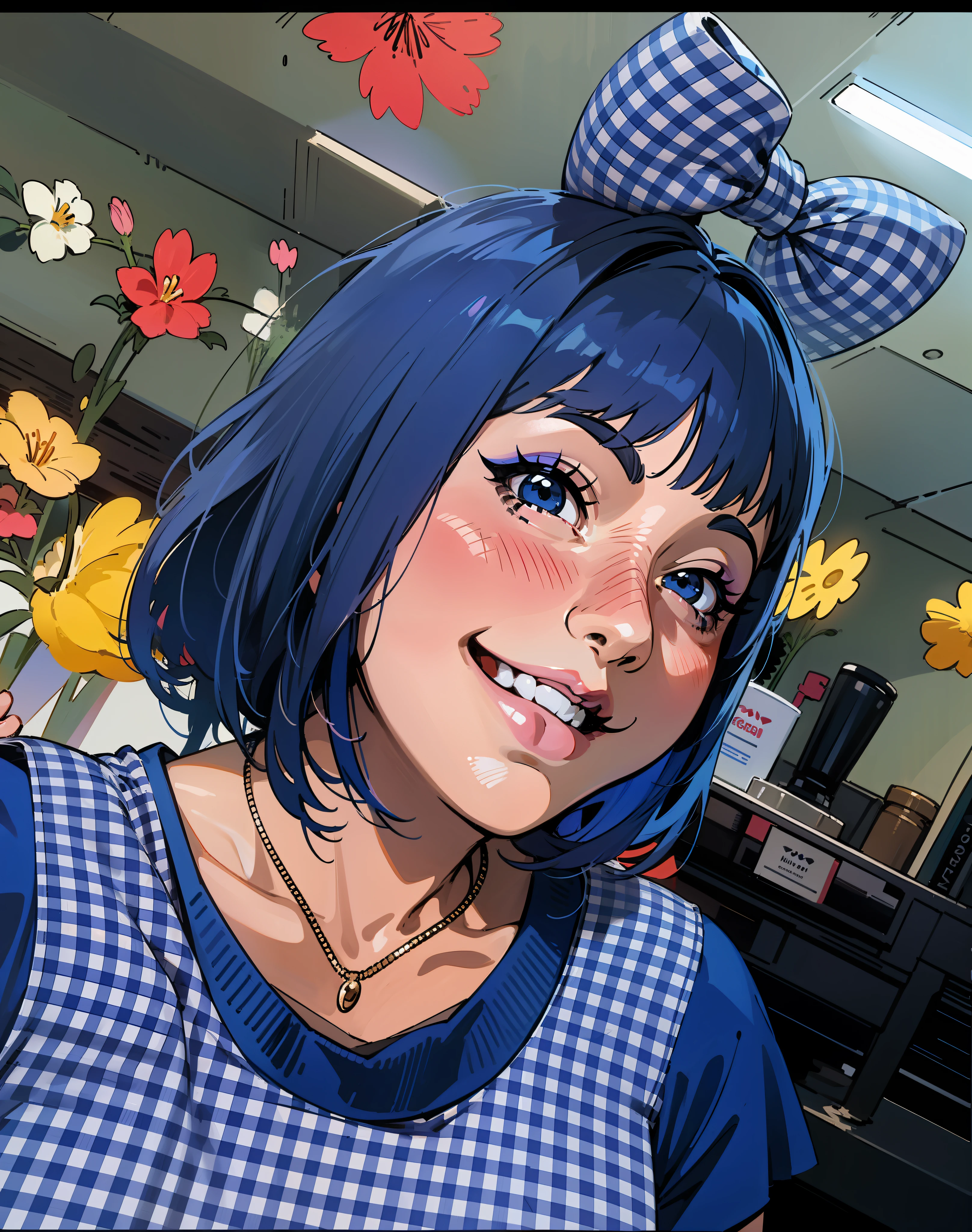 HD, (Best Detail) (Best Quality) girl, blue hair, perfect lips, big and happy eyes extremely perfect and aligned, bow bow, makeup, girl's neck, girl's thin body